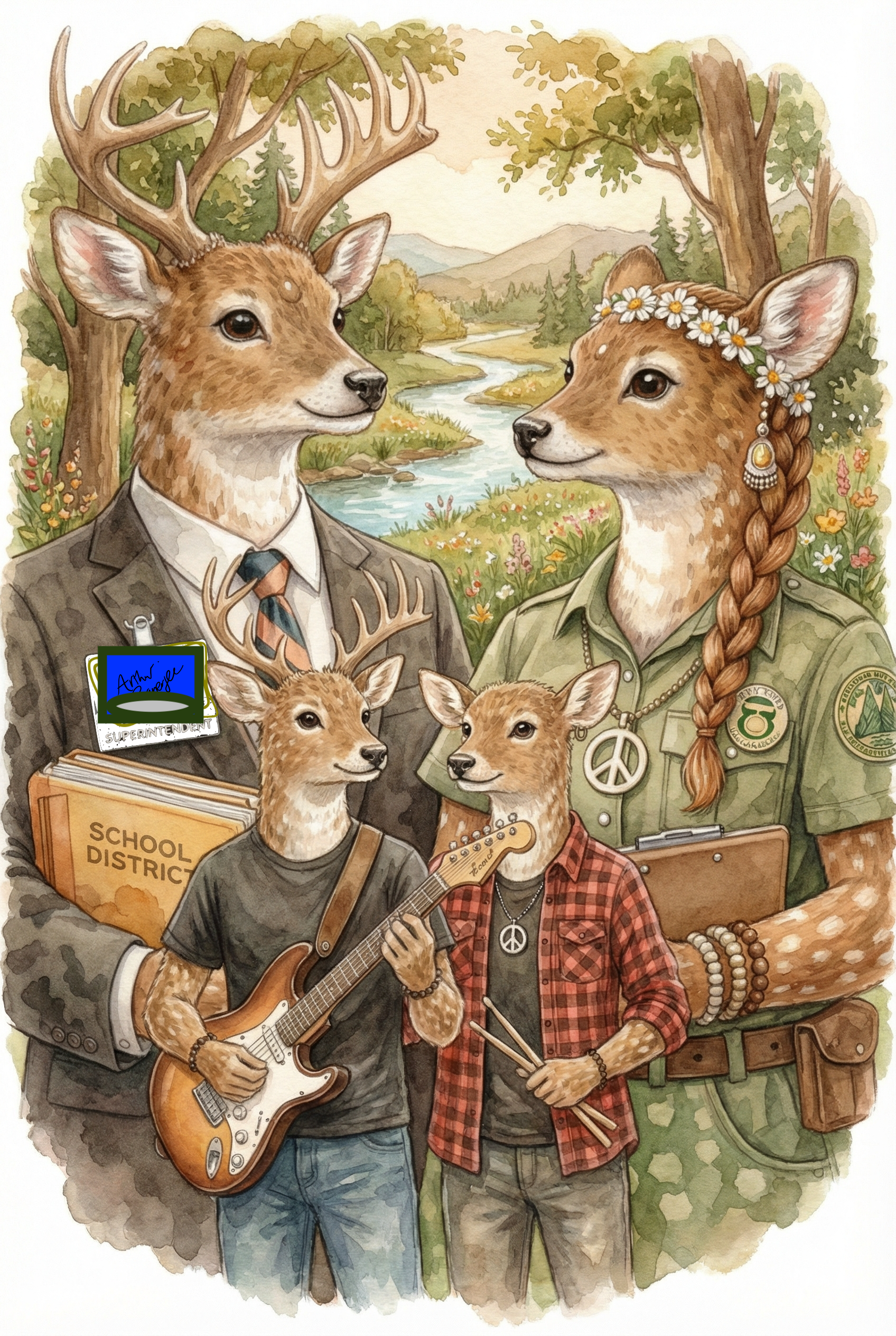 Anthropomorphic deer family in a natural outdoor setting, with mountains, trees, and a stream in the background. The adult male deer wears a suit with a badge that says 'Superintendent' and a school district folder, the adult female deer wears a green uniform with peace sign and nature patches, a daisy flower crown, and jewelry. Two younger deer, one playing guitar and the other holding drumsticks, stand in front. The scene has a peaceful, nature-loving, and educational vibe.