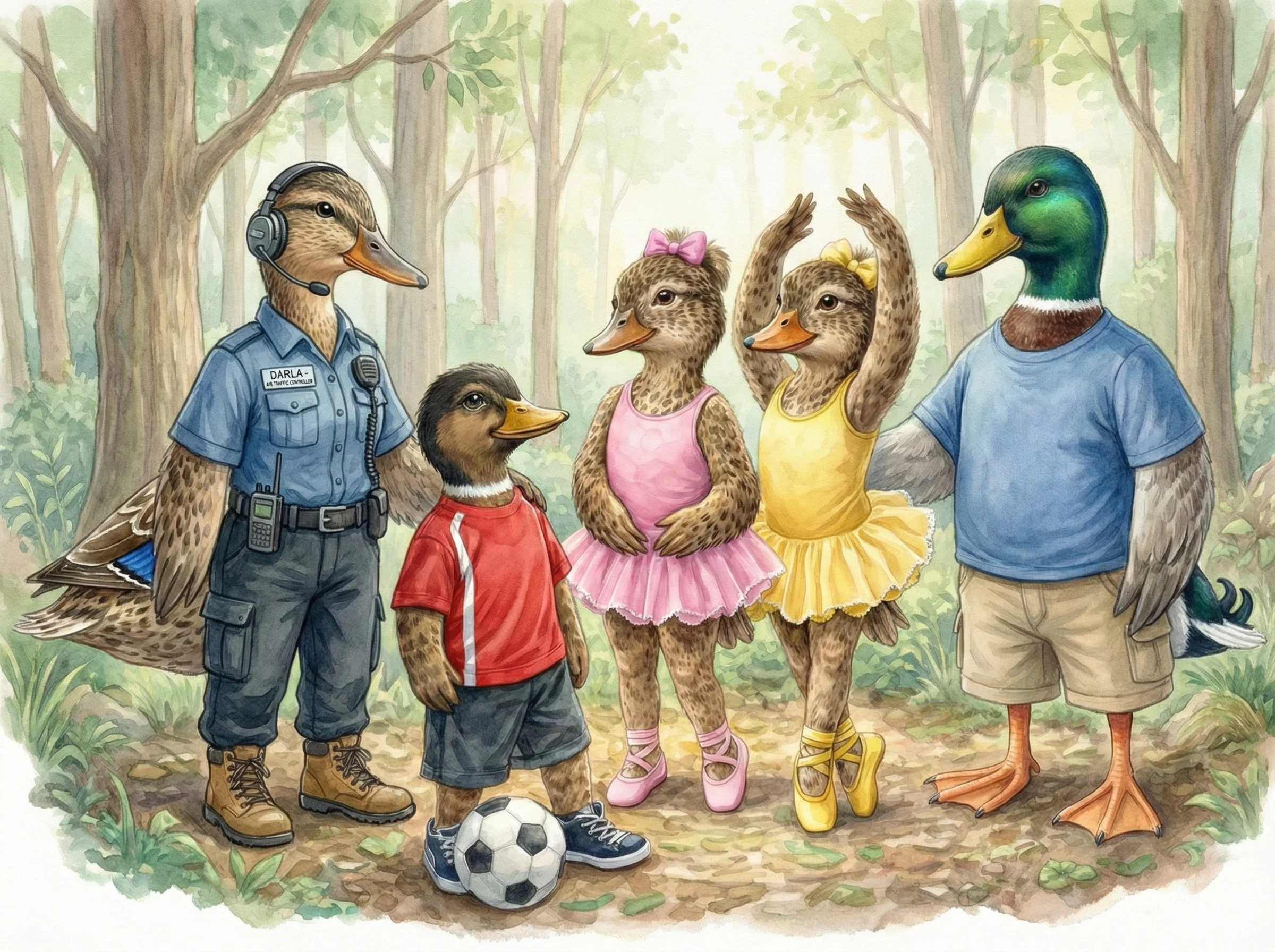 Anthropomorphic ducks and duck-billed platypus dressed as ballet dancers, football player, and police officer in a forest
