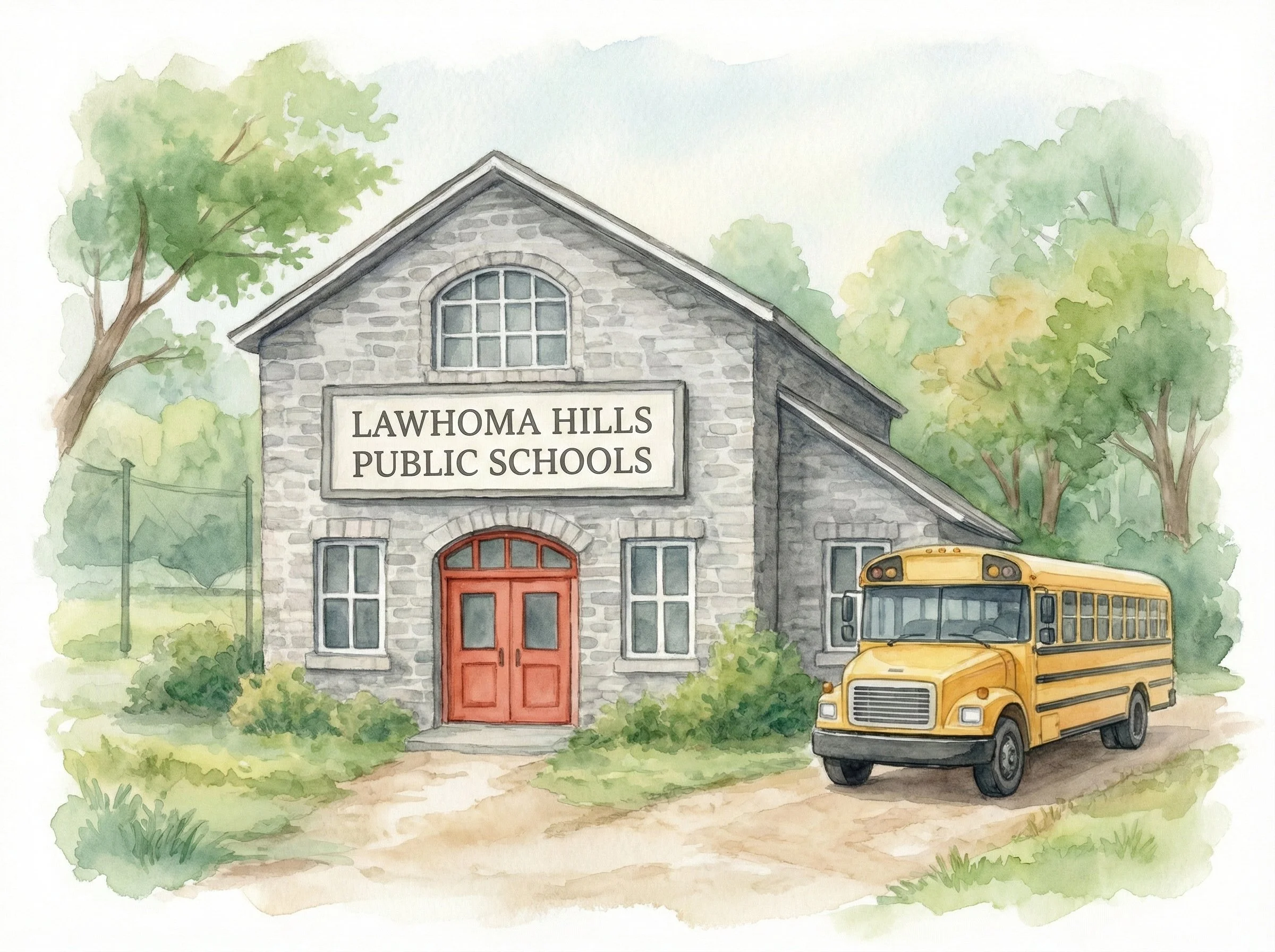 Watercolor illustration of a school building labeled 'Lahoma Hills Public Schools' with a yellow school bus parked in front, surrounded by greenery and trees.