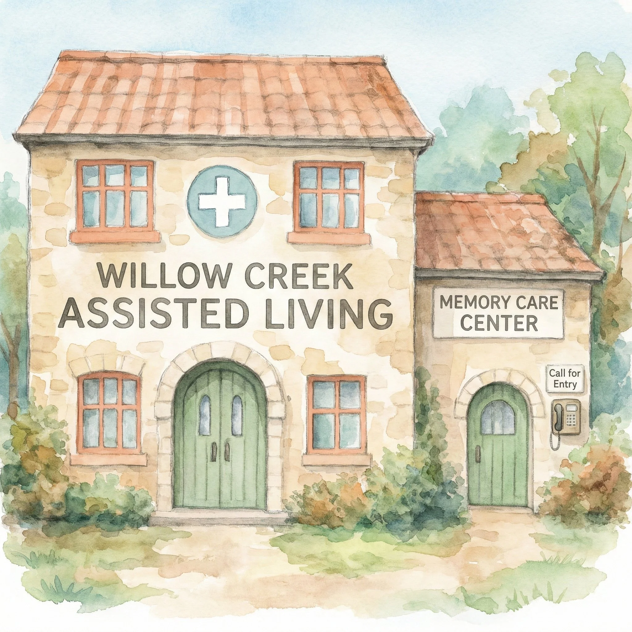 Watercolor illustration of a two-story assisted living building labeled 'Willow Creek Assisted Living,' with a smaller building labeled 'Memory Care Center,' surrounded by trees and bushes. The main building has a green arched door, multiple windows with orange frames, and a blue cross symbol near the top. The smaller building has a door with a sign that says 'Call for Entry' and a phone attached.