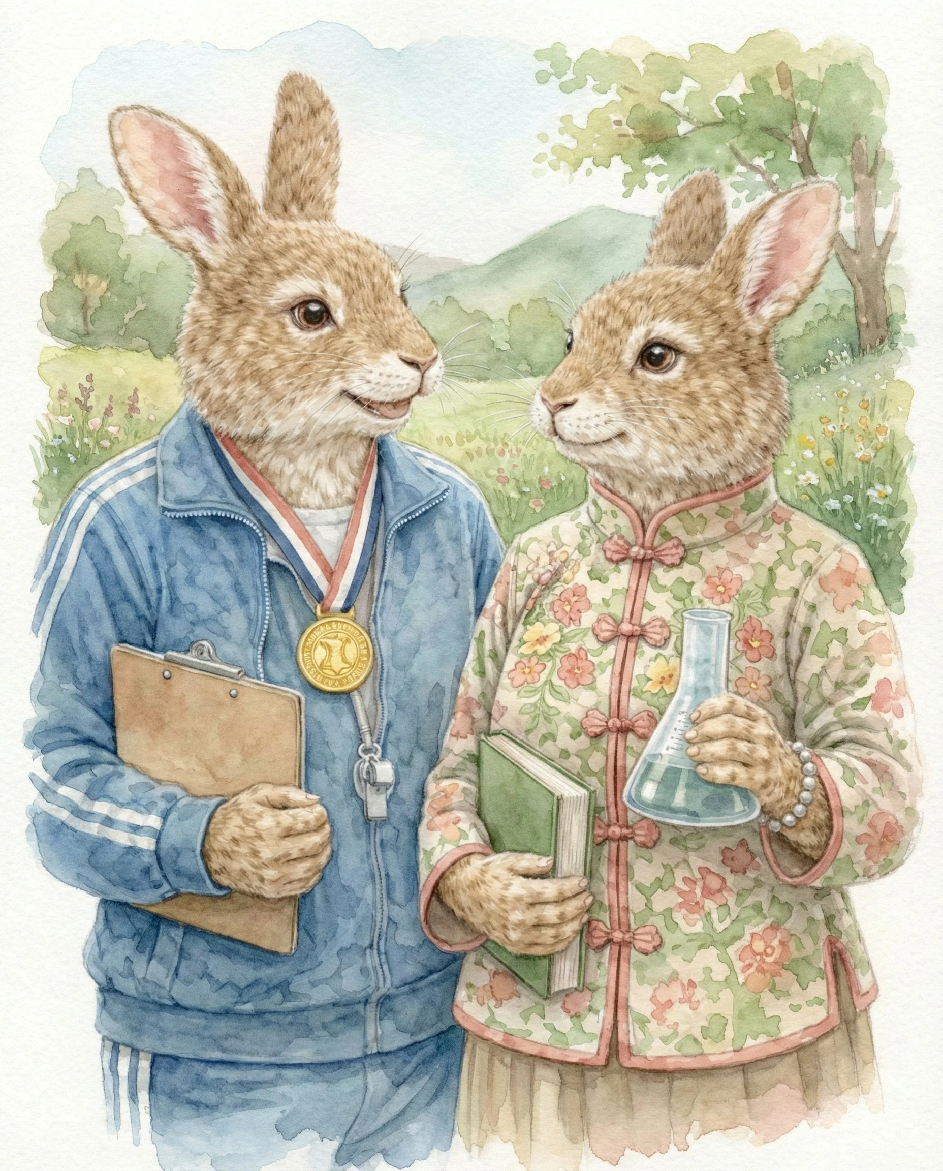 Illustration of two anthropomorphic rabbits dressed as scientists, one with a medal around its neck, holding a clipboard, and the other holding a laboratory flask and a book, outdoors with trees and mountains in the background.