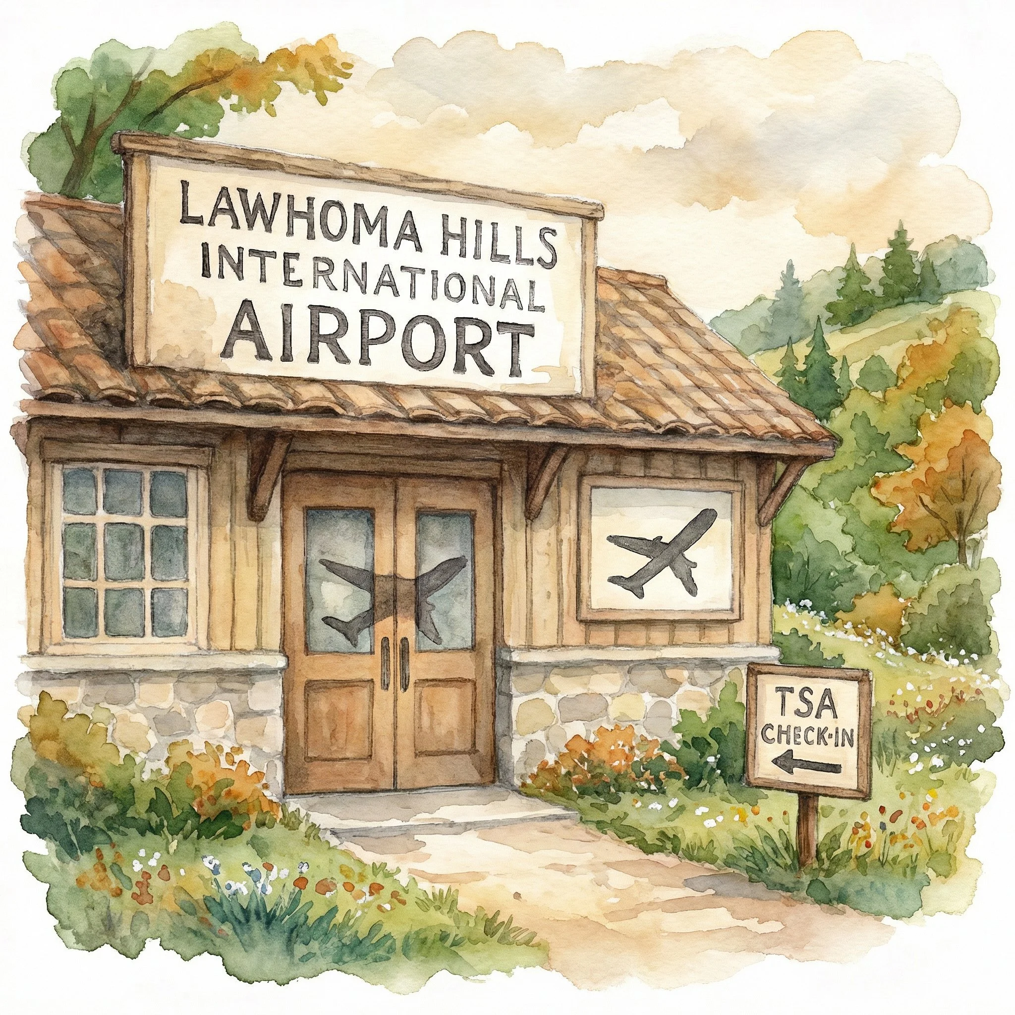 Watercolor painting of the entrance to LawHoma Hills International Airport with a sign above the door, airplane silhouettes on the doors and wall, and a sign directing to TSA check-in, surrounded by trees and bushes.