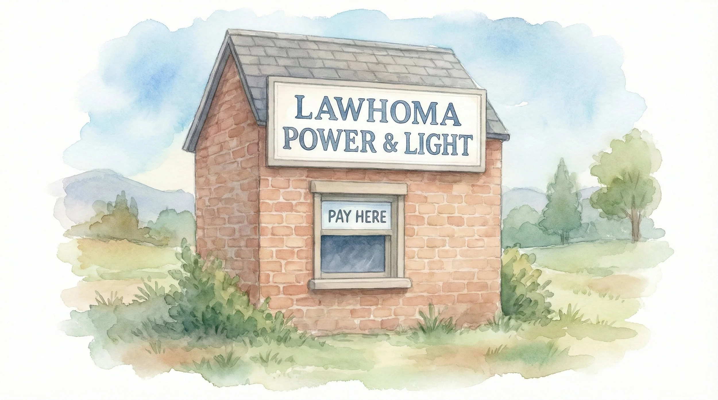 A watercolor painting of a small brick building with a sign that reads "LAWOMA POWER & LIGHT" and a window with a sign that says "PAY HERE." The building is surrounded by greenery and has mountains and trees in the background.