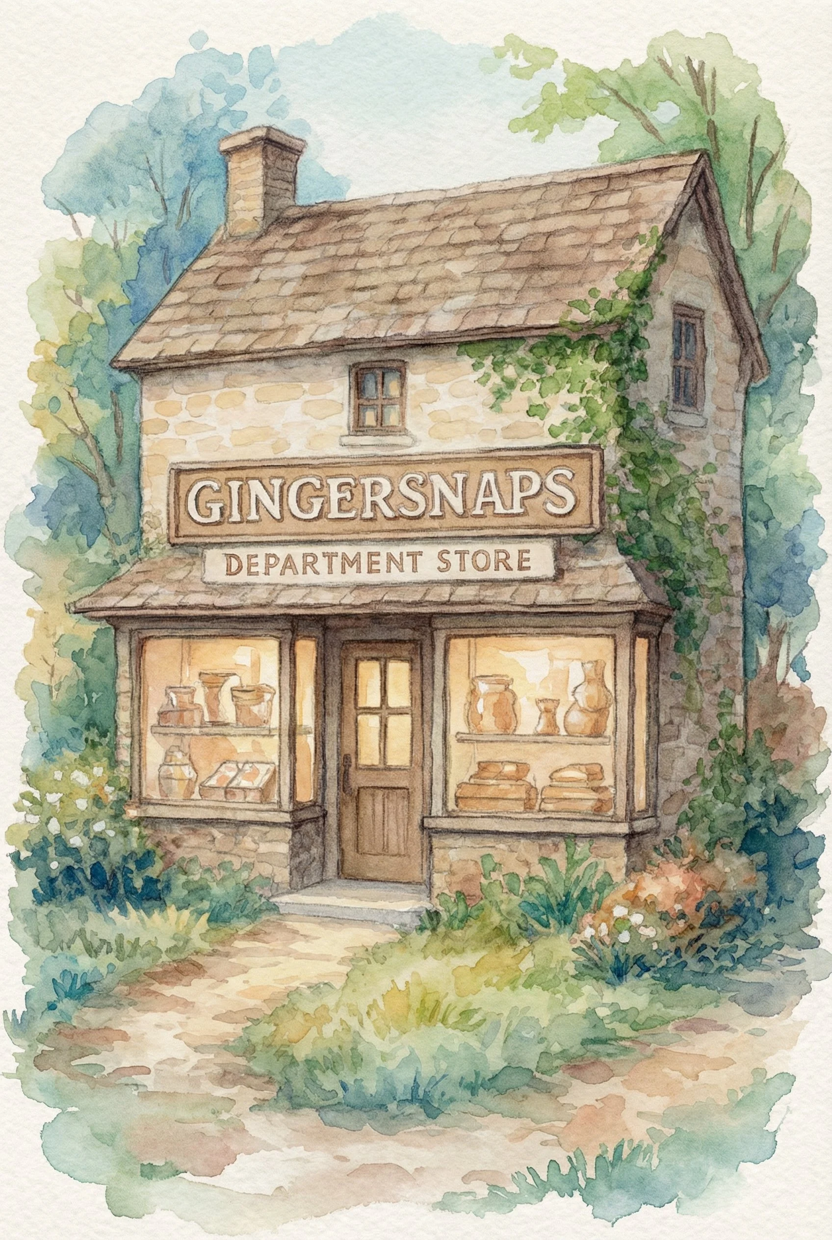 Watercolor painting of a quaint, two-story stone building labeled 'Gingersnaps Department Store' with warm-lit windows and lush greenery surrounding it.