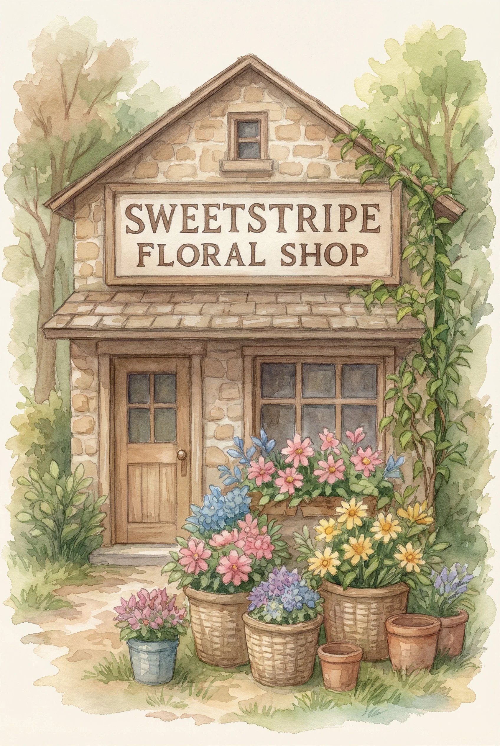 Watercolor illustration of a small stone floral shop with a sign that reads 'SweetStripe Floral Shop'. The shop has a wooden door and window, surrounded by colorful potted flowers and greenery.