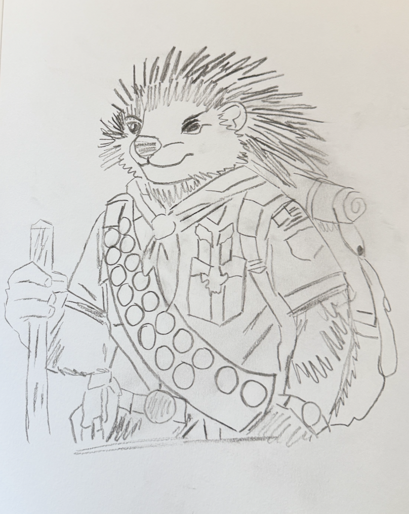 Drawing of a porcupine eagle scout dressed as a soldier, carrying a backpack and wearing a sash with circular medals, holding a stick.