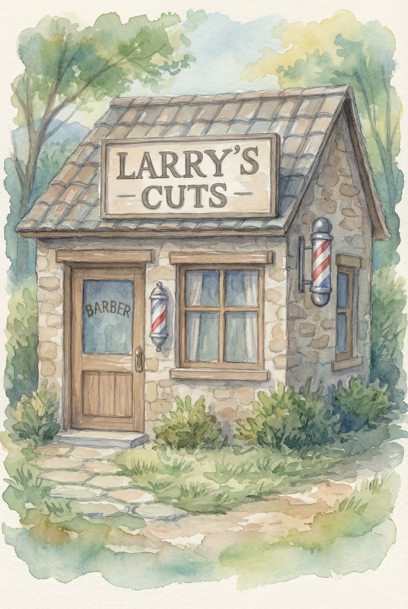 Watercolor illustration of a small barber shop named "Larry's Cuts" with a stone exterior, a wooden door with a "Barber" sign, and traditional barber pole signs on both sides of the window. There are trees and shrubs around the shop.