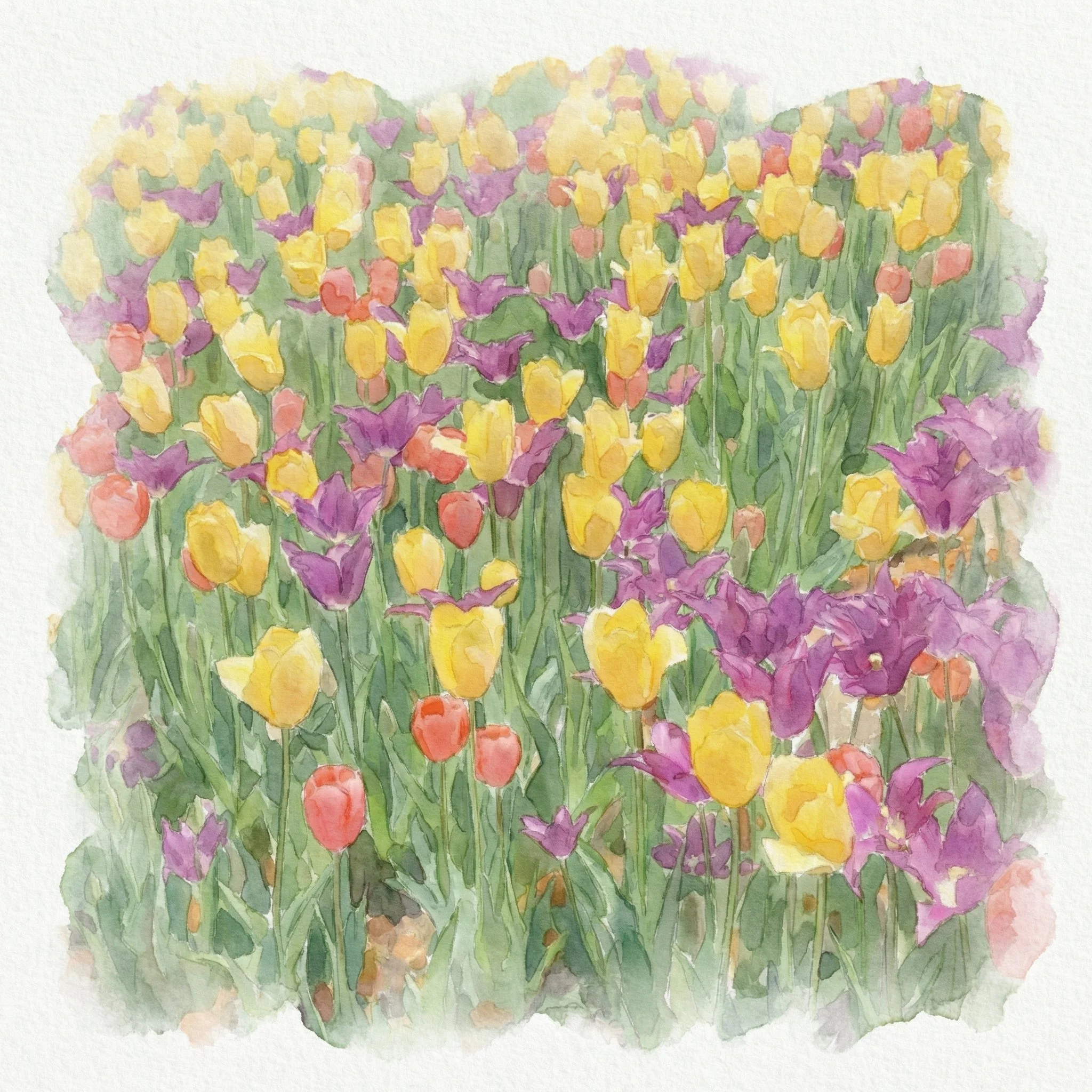 Watercolor painting of a garden bed filled with yellow, purple, orange, and pink tulips.
