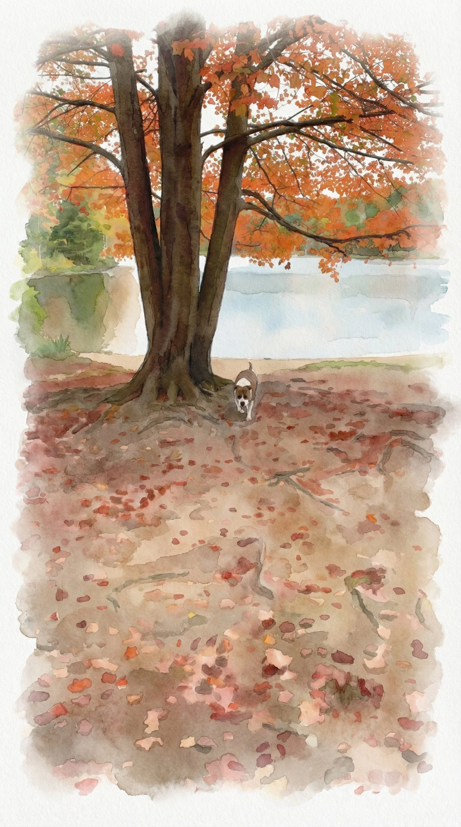 A watercolor painting of an autumn scene by a lake, featuring a large tree with orange leaves and a small dog walking underneath it on a leaf-covered ground.