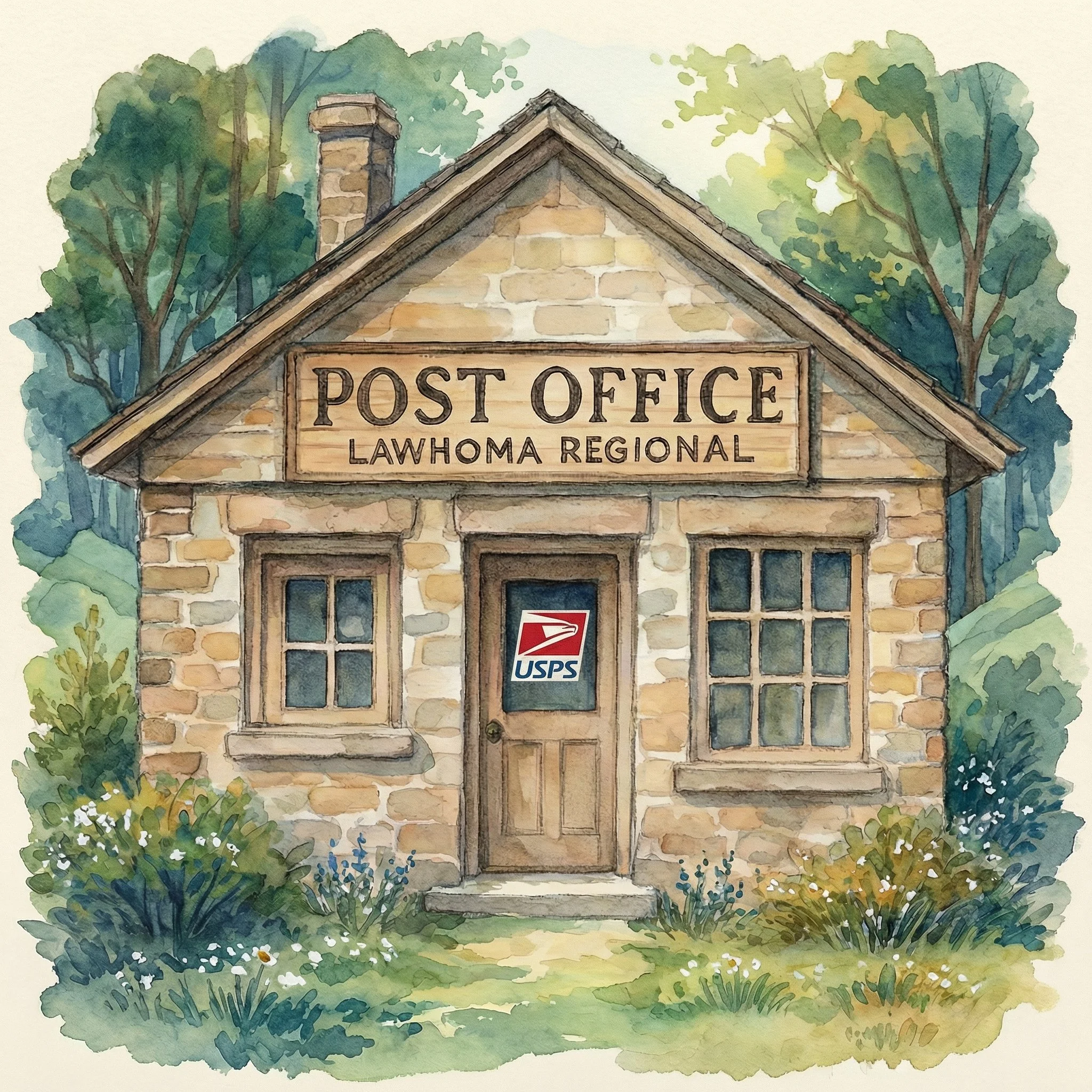 Watercolor illustration of an old stone post office building with a sign reading 'Post Office Lawhoma Regional,' surrounded by greenery, with USPS logo on the door.