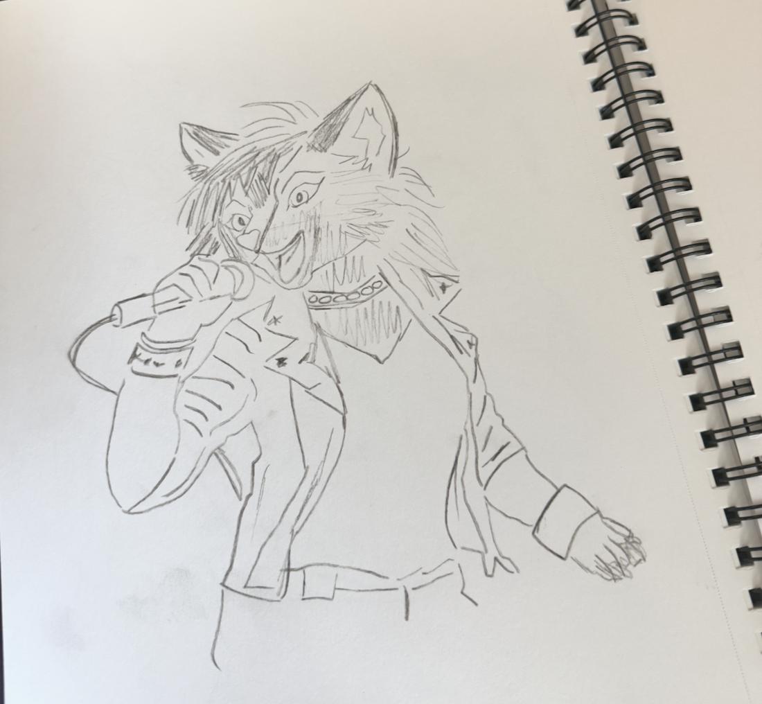 Line drawing of an anthropomorphic fox character with spiky hair, wearing a leather jacket, and posing with a hand near their mouth.