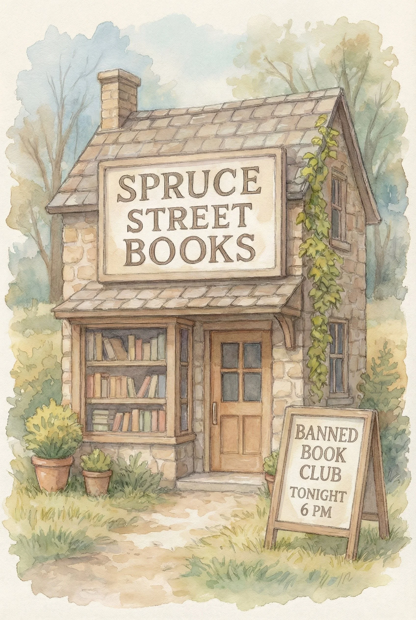 Watercolor illustration of a small stone bookstore with a large sign reading 'Spruce Street Books'. There is a wooden door, a window filled with books, green plants in pots, and an A-frame sign advertising a banned book club meeting tonight at 6 pm, all surrounded by trees.