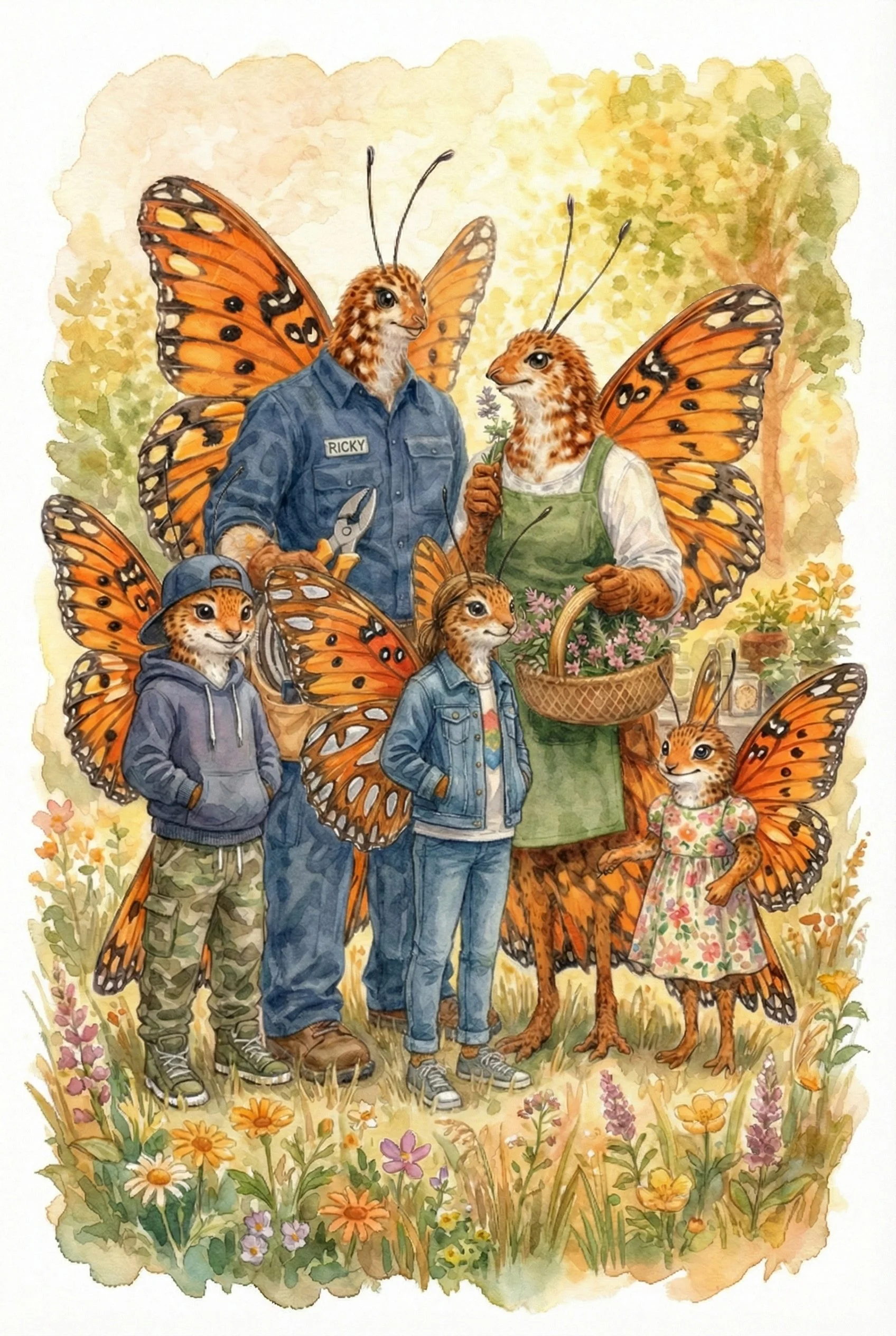 Painting of a family of anthropomorphic butterflies with human features, dressed in casual clothing, standing in a garden with colorful flowers and trees.