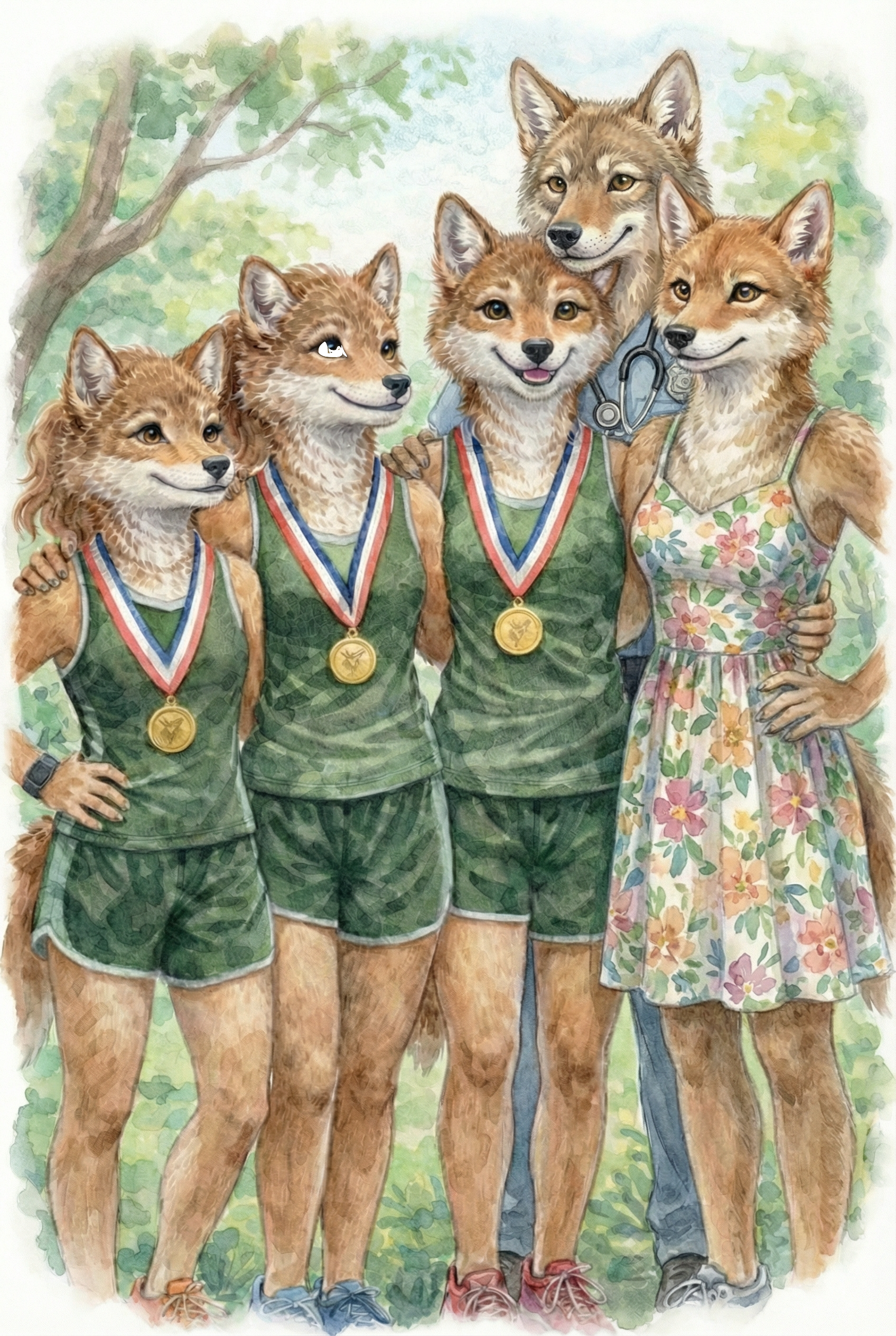 Anthropomorphic Coyote family wearing medals and athletic clothes, posing outdoors.