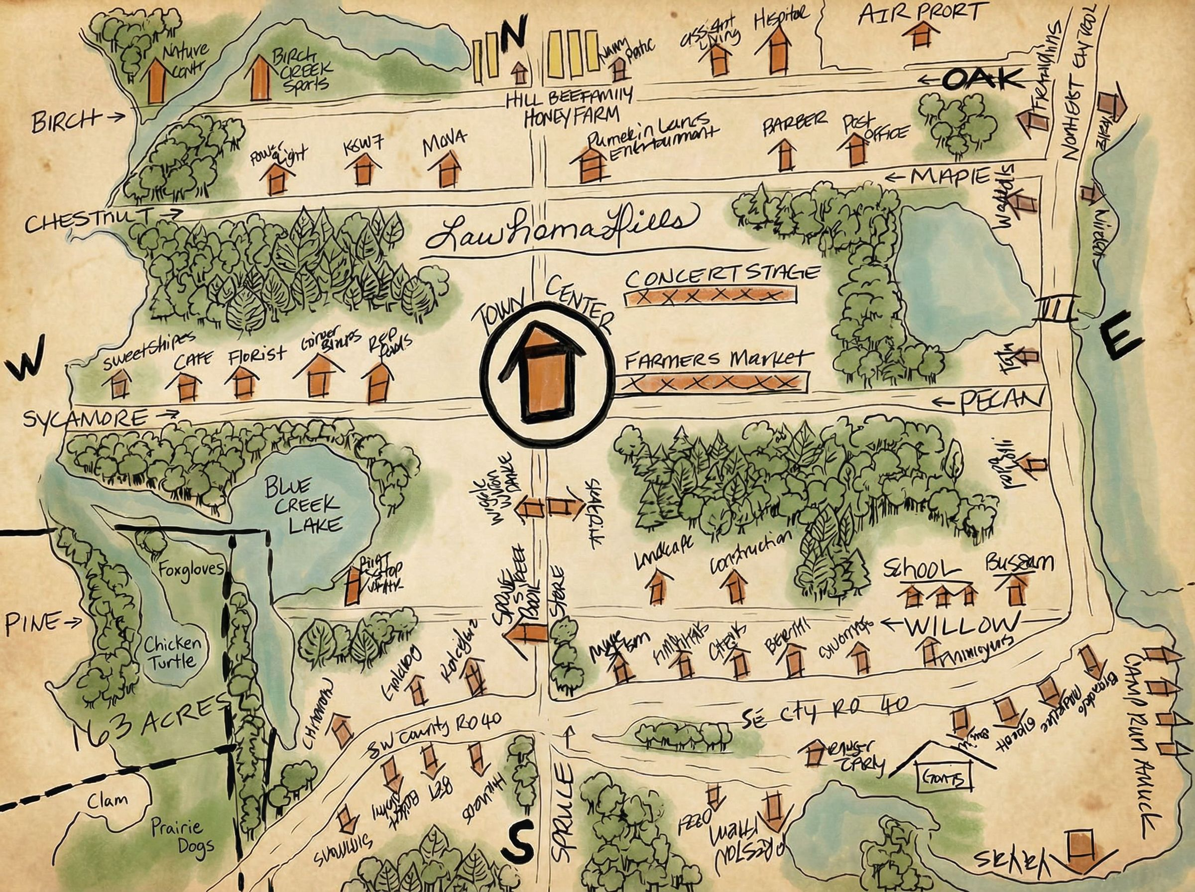 A illustrated map of a small town, showing locations such as the town center, farms, lakes, parks, roads, and various buildings including homes, shops, and public facilities.