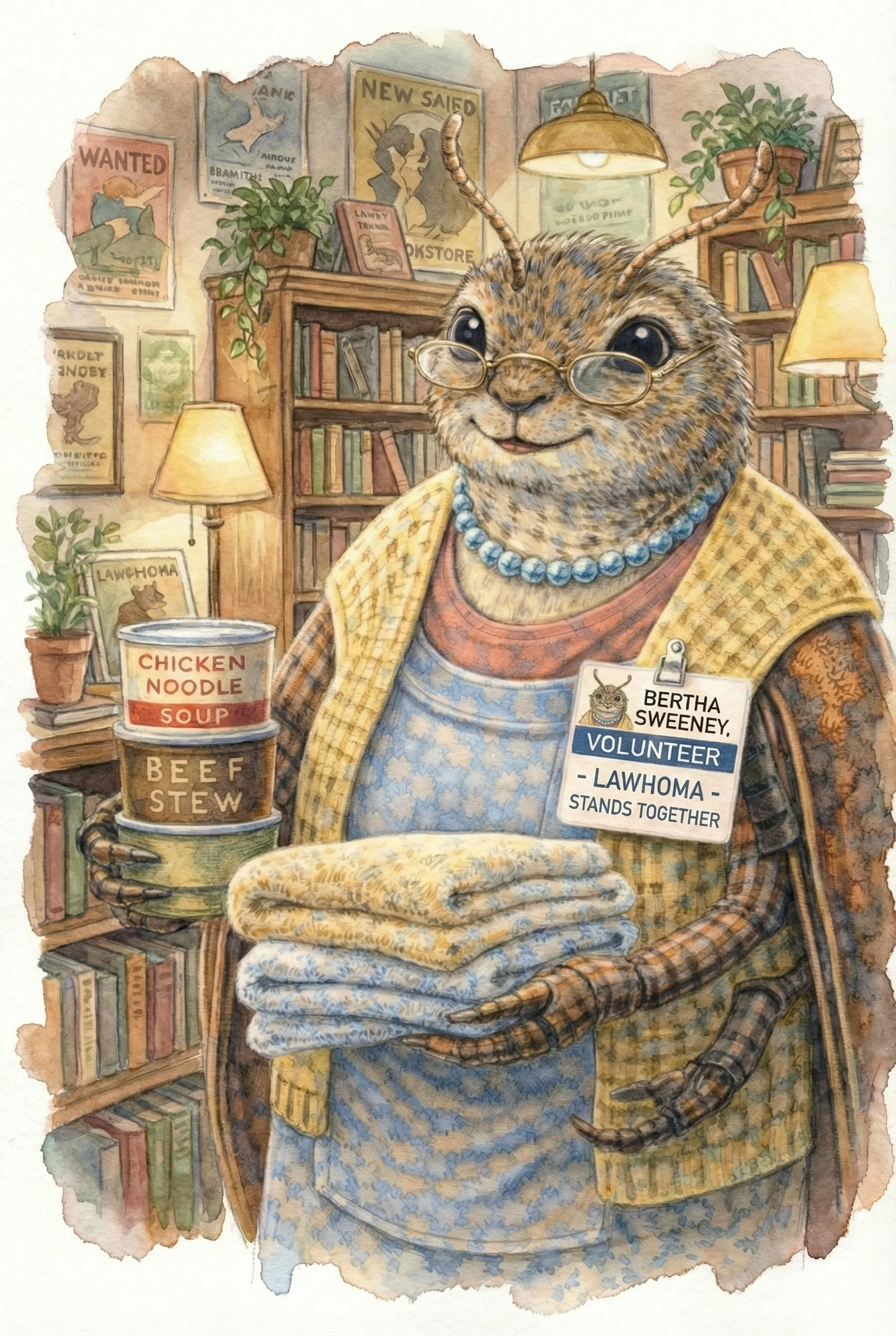 A detailed illustration of an anthropomorphic beetle with glasses, pearl necklace, and a volunteer badge, holding a folded blanket in a cozy library filled with books, plants, and vintage posters.