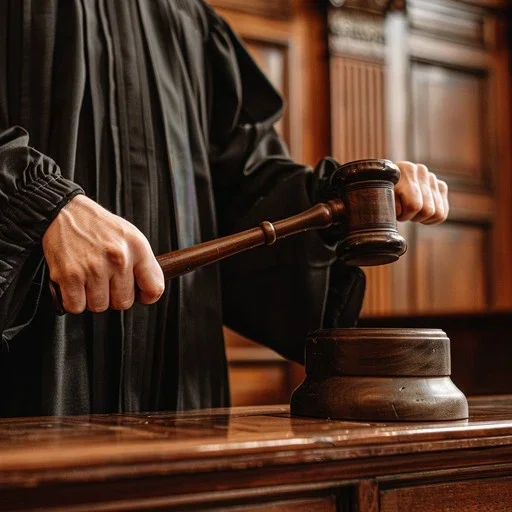 A judge's hands holding a gavel about to strike a sound block in a courtroom as Jonathan Sablone argues a case.