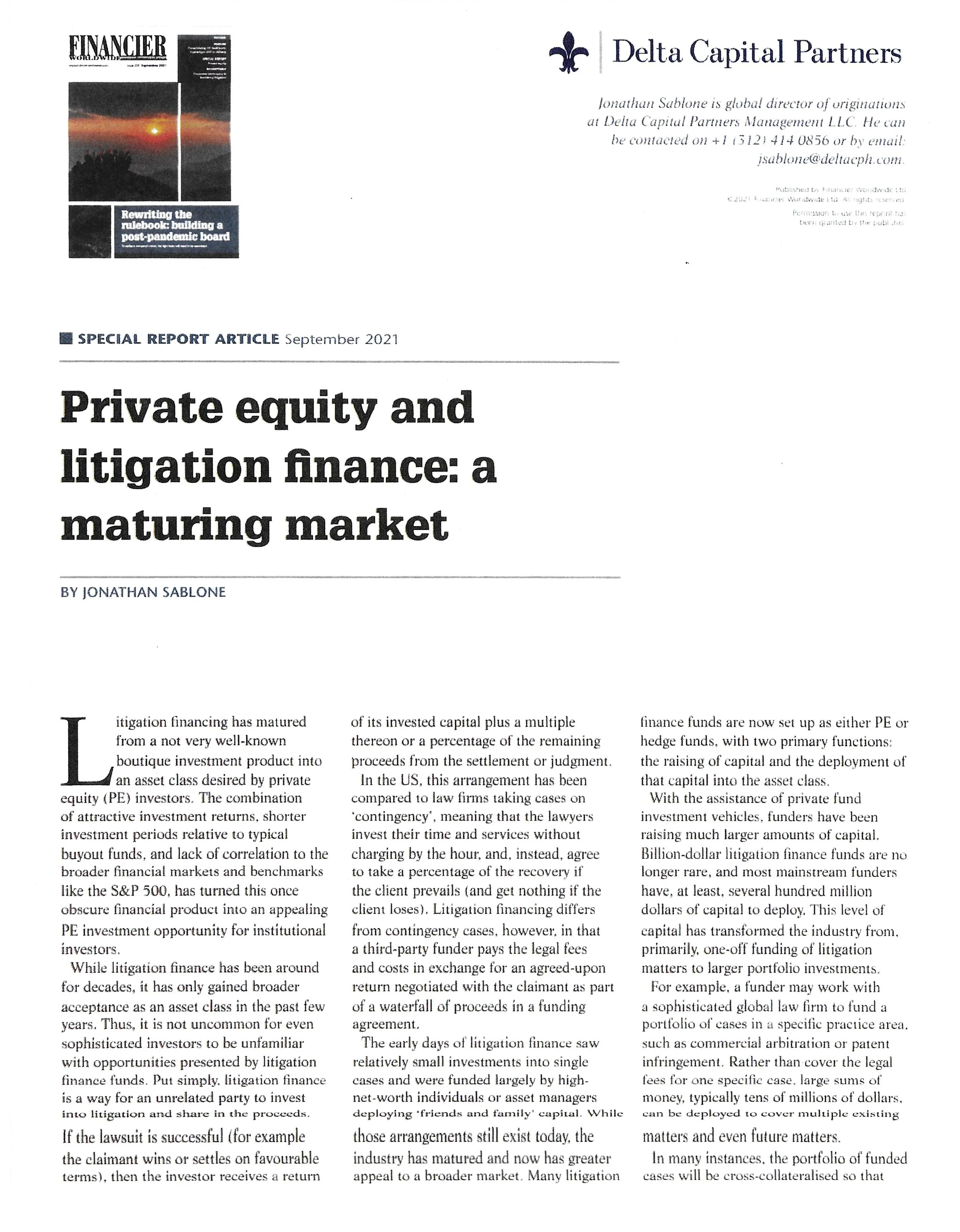 Page from a financial report titled 'Private equity and litigation finance: a maturing market' by Jonathan Sablone featuring a small top section with a sunset and black-and-white magazine cover.