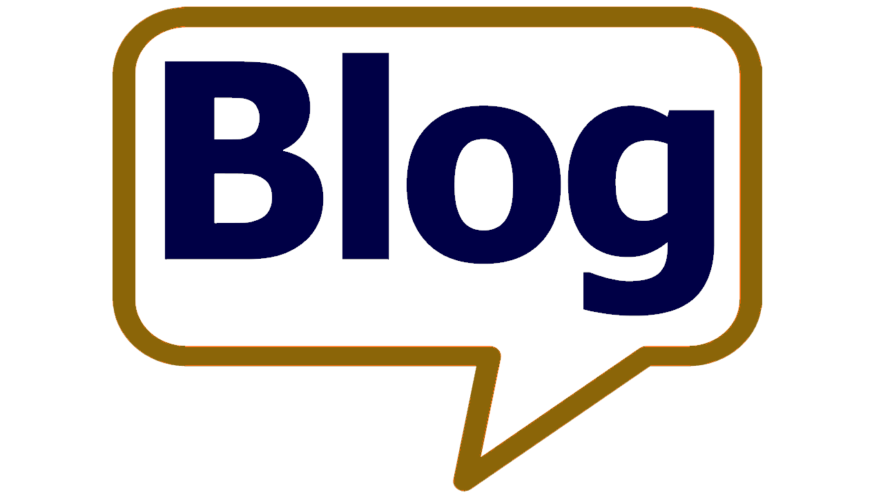 A speech bubble with a white background, a brown border, and the word 'Blog' in bold dark blue letters inside.