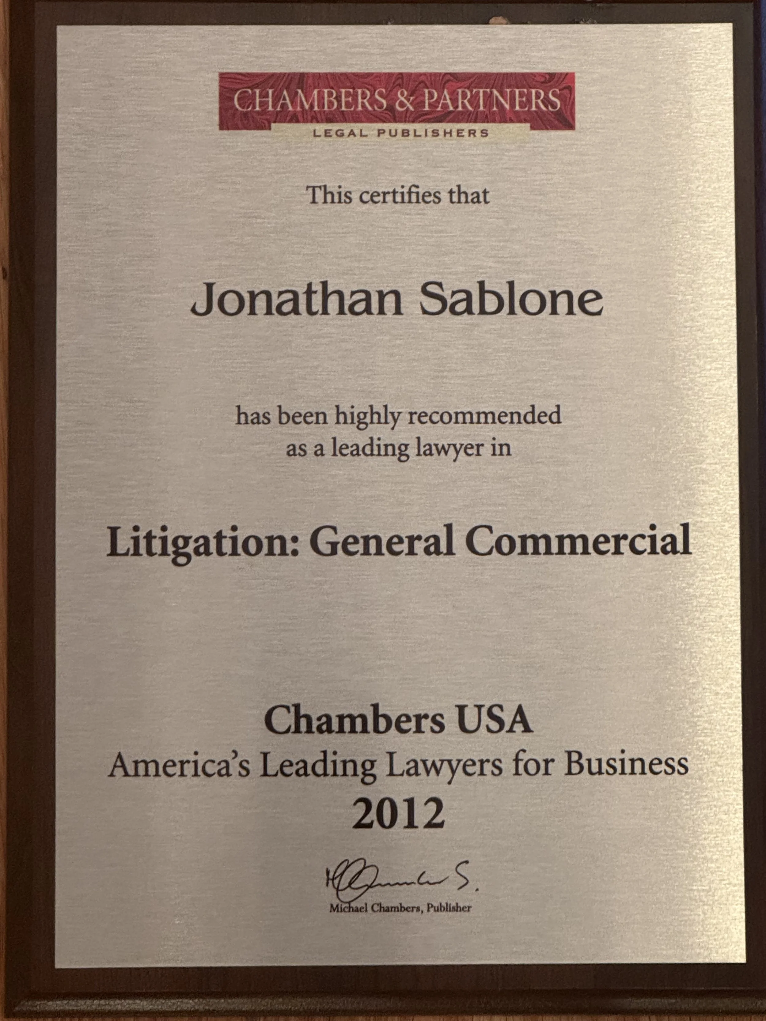 Award certificate from Chambers & Partners recognizing Jonathan Sablone as a highly recommended lawyer in Litigation: General Commercial.