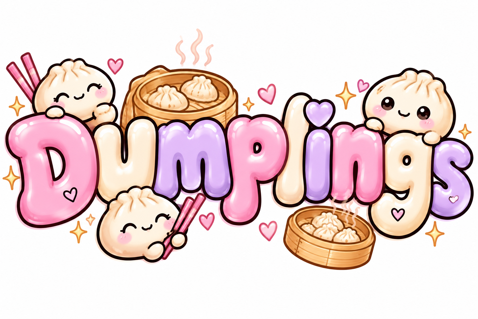 Colorful illustration of the words 'Dumplings' in pastel pink, purple, and cream-colored letters with cute dumpling characters smiling and holding chopsticks, surrounded by hearts, stars, and steam. Several bamboo steamers with dumplings are also depicted.