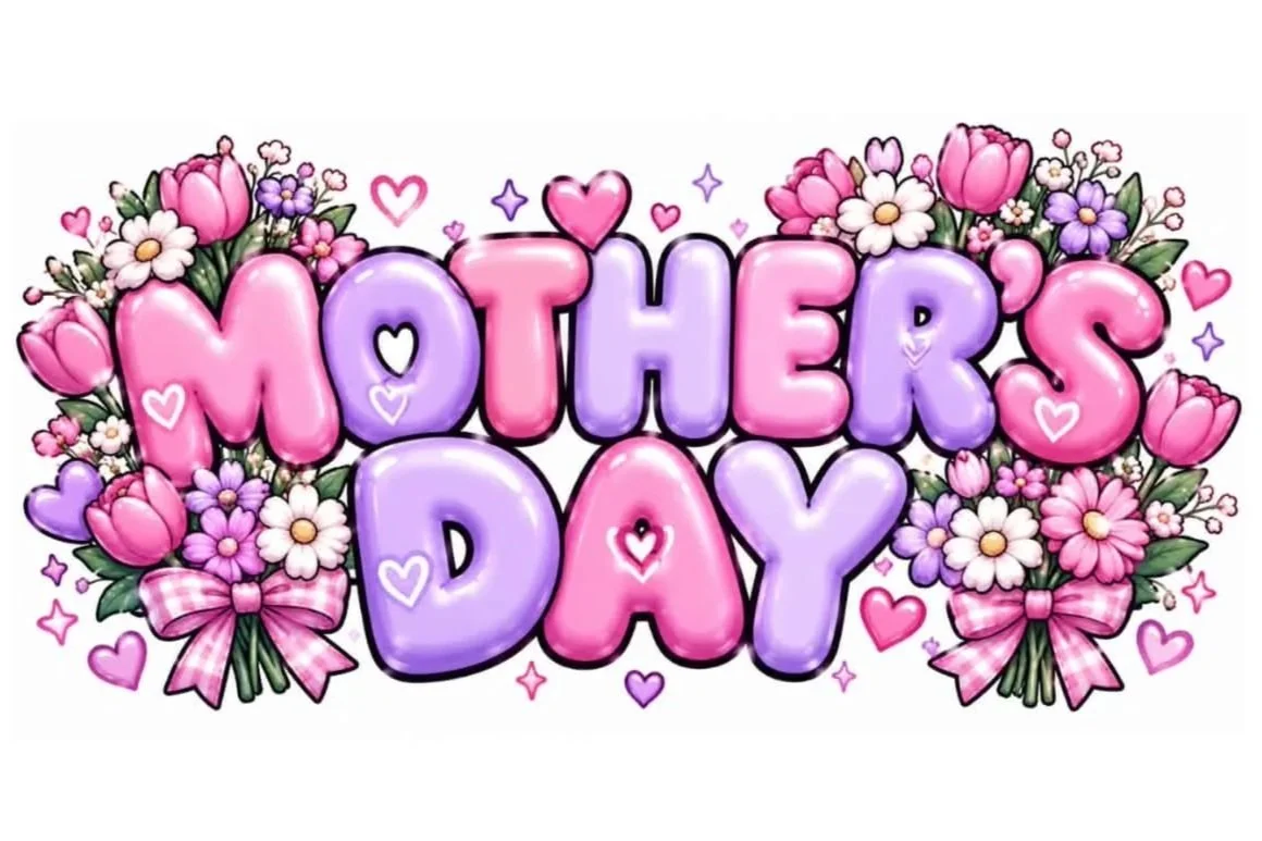 Colorful Mother's Day greeting with pink and purple balloons spelling 'Mother's Day', surrounded by bouquets of pink and purple flowers, hearts, and stars.