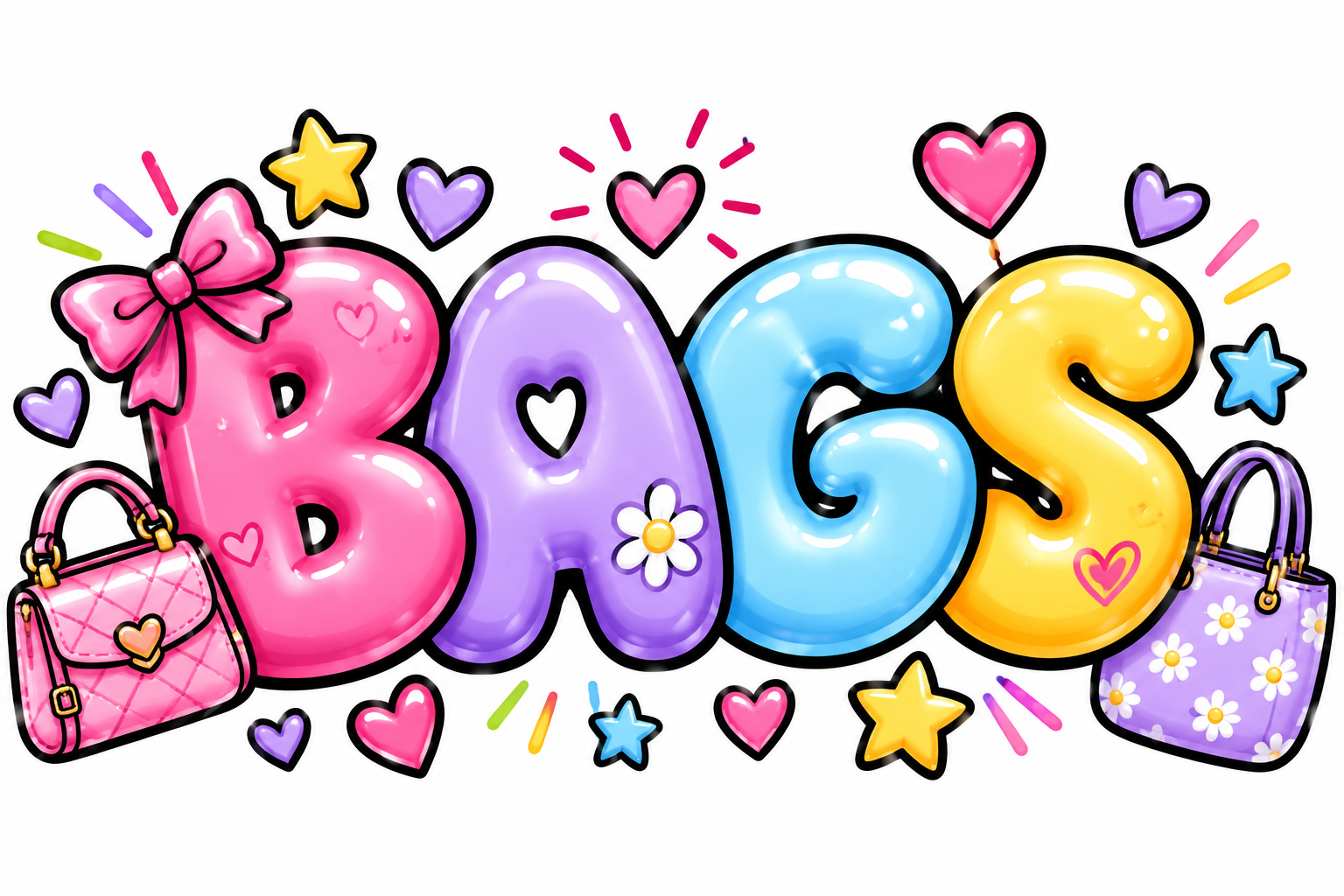 Colorful balloon letters spell out 'BABY' with decorative hearts, stars, flowers, handbags, and a bow, all in bright pastel shades.