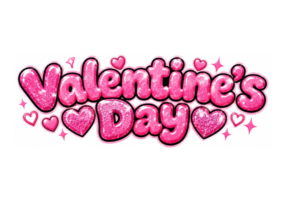 Pink glittery text reading 'Valentine's Day' surrounded by pink hearts and sparkles.