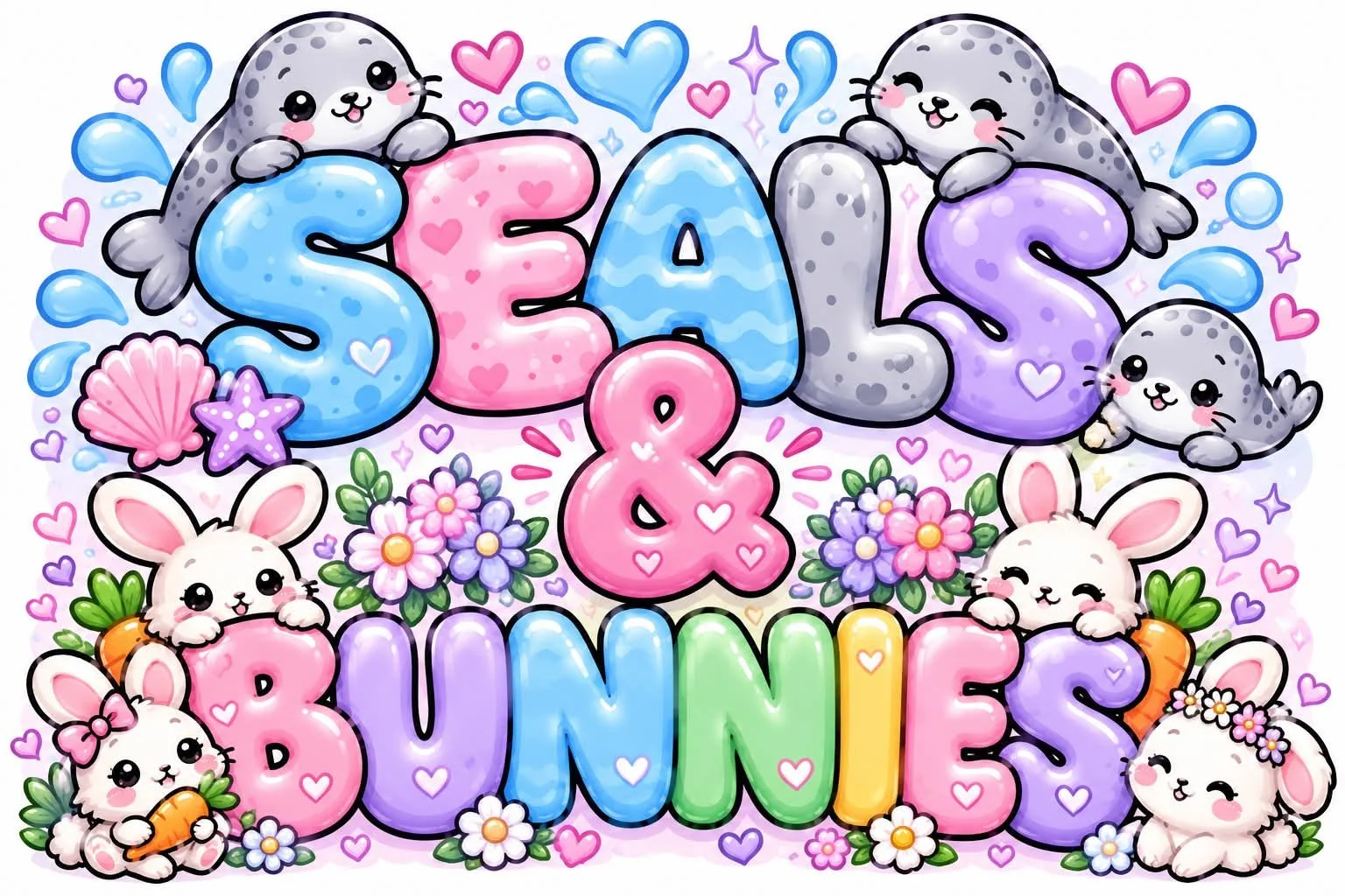 Colorful illustration with the words 'Seals & Bunnies' in large, pastel-colored letters. Cute cartoon seals and bunnies, surrounded by hearts, stars, flowers, seashells, starfish, and carrots, all in a cheerful, whimsical style.
