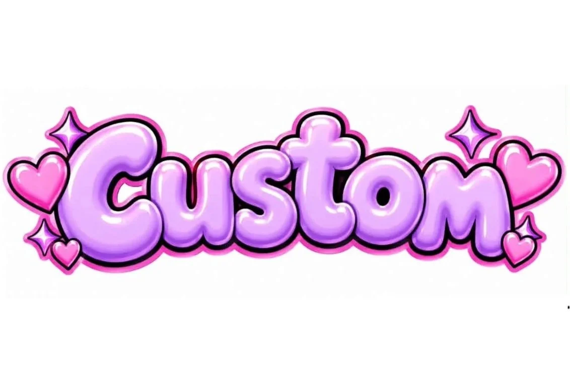 Colorful cartoon-style text that says 'CUSTOM' in purple bubble letters, decorated with pink hearts and sparkles.