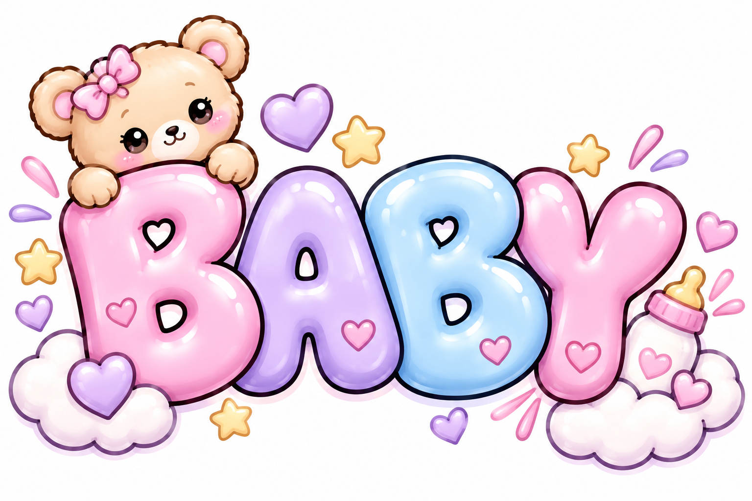 Colorful cartoon-style illustration with the word "BABY" in large, pastel-colored letters, surrounded by a cute bear holding a pink balloon, clouds, hearts, stars, and a baby bottle, all in soft pink, purple, blue, and yellow hues.
