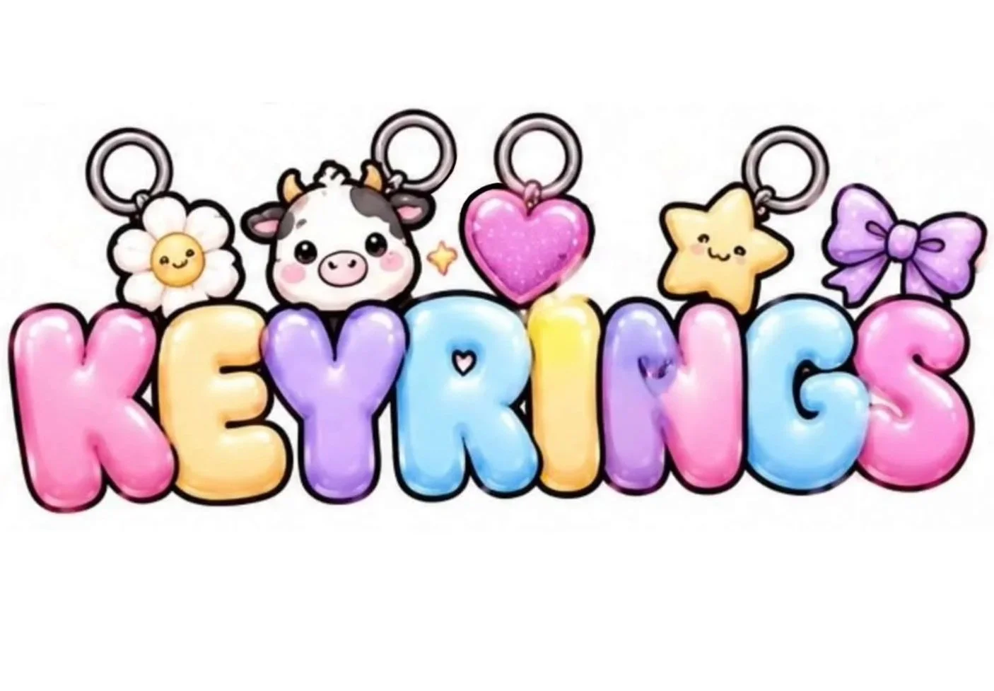 Colorful cartoon text spelling KEYKIDS with cute animal and flower illustrations, including a cow, a star, a heart, a star, and a bow.