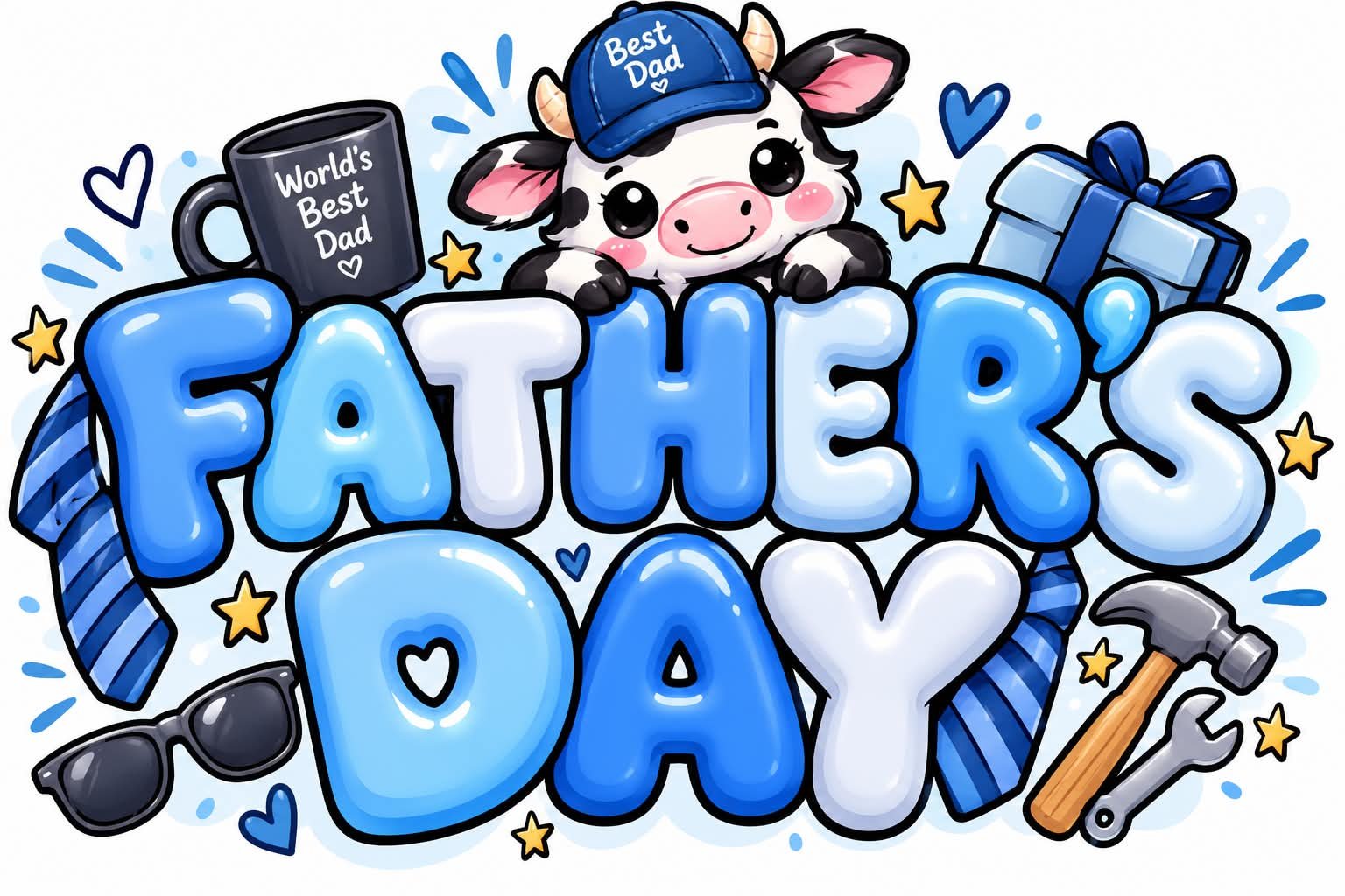 Cute cartoon cow with a blue cap that says "Best Dad" leaning on large blue and white balloons spelling "FATHER'S DAY," surrounded by a gift box, mug, sunglasses, hammer, wrench, stars, and hearts, celebrating Father's Day.