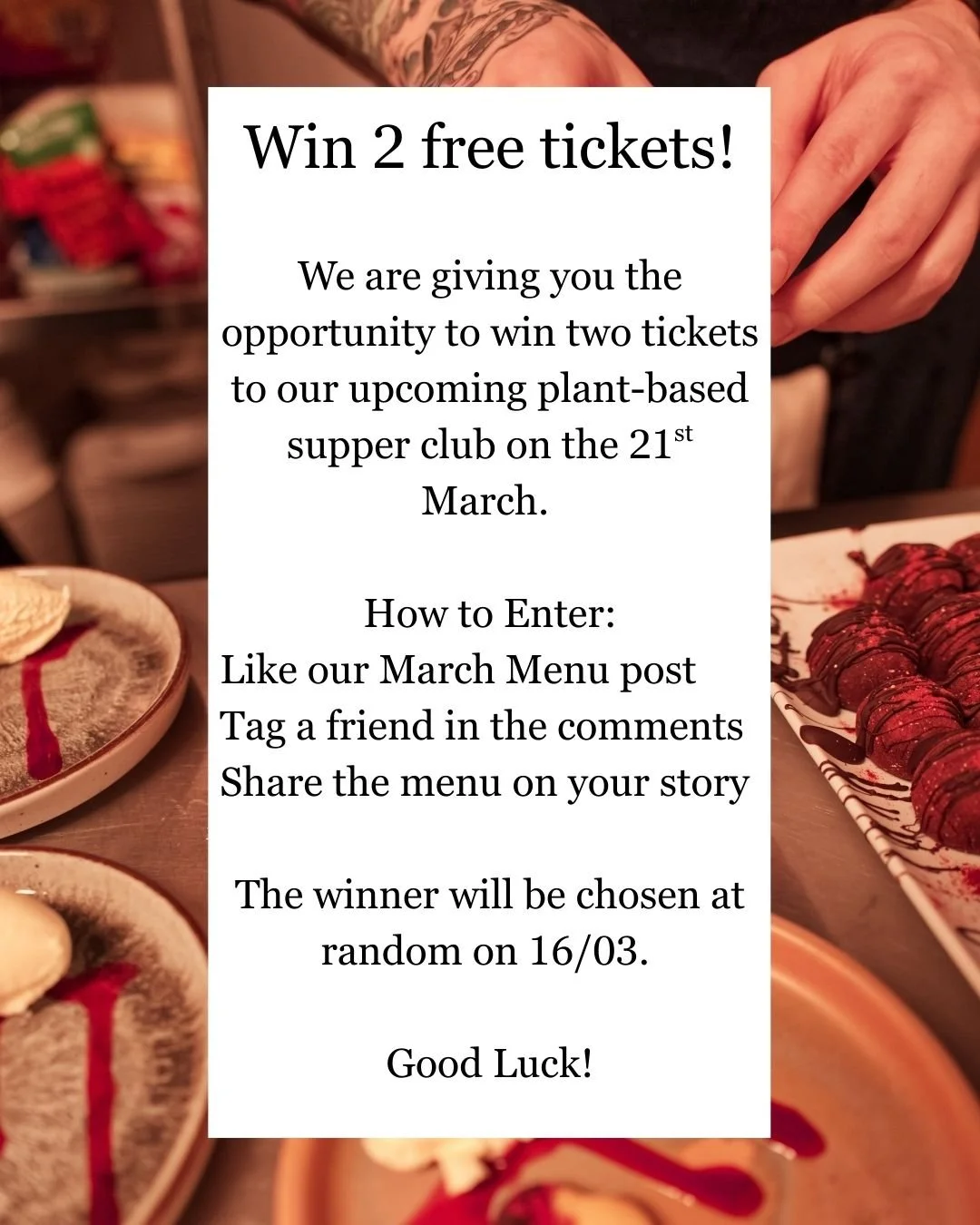 COMPETITION NOW CLOSED

We are giving you the opportunity to win two free tickets to our upcoming plant-based supper club at @bloomingskullcoffee at @make.cic on the 21st March. 

How to Enter:
Like our March Menu post on Instagram
Tag a friend in th