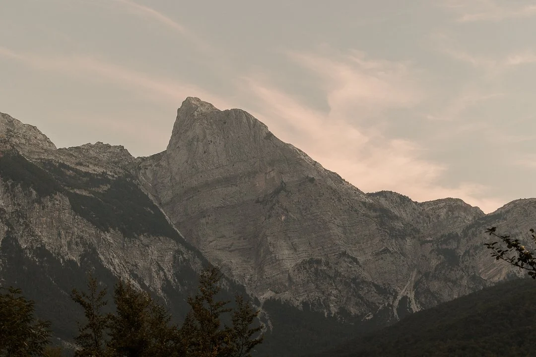 accursed mountains of albania just before sunrise with pink clouds above