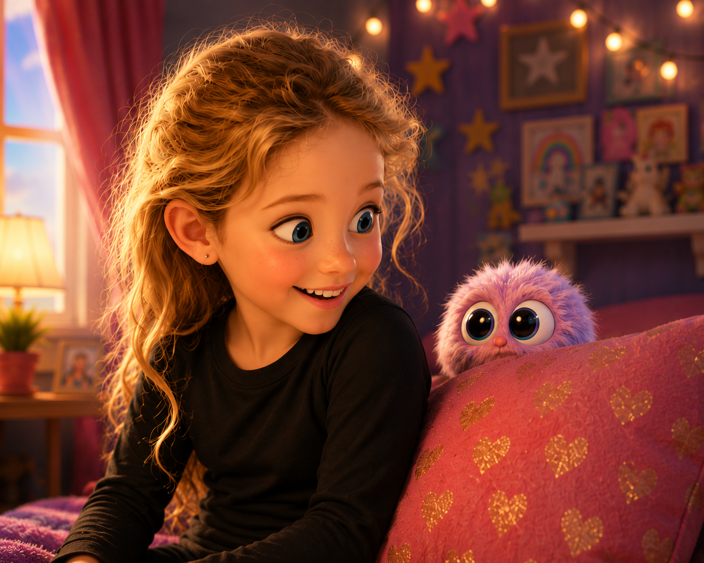 A young girl with big blue eyes and curly blonde hair, smiling and looking to her right, sitting on a bed with a pink heart-patterned pillow. A fuzzy pink creature with large eyes peeks over the pillow. The room is decorated with star and rainbow wall art, and warm lighting.