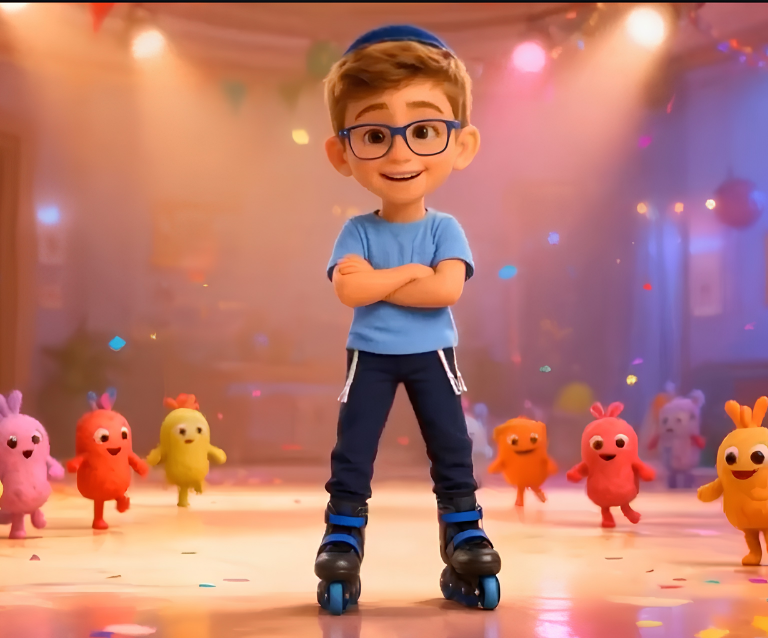 A young boy with glasses roller skating in a colorful party setting, surrounded by animated plush toy characters and confetti.