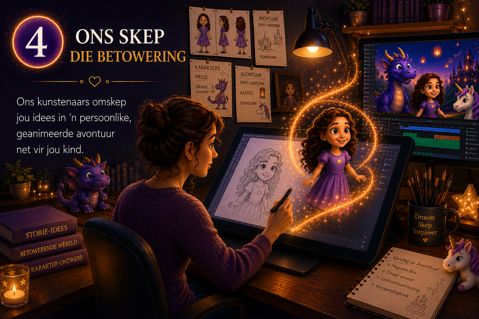 A digital artist creates a magical cartoon character of a young girl with curly hair in a purple dress on a drawing tablet. The artist's workspace is decorated with fairy lights, small plants, books, and unicorn-themed items. Two screens display the cartoon character in different scenes with a fantastical background of castles and dragons. The wall behind features character sketches and creative notes about a magical adventure, with a notebook on the desk listing a birthday party plan.