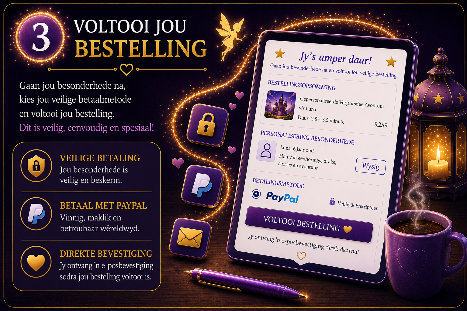 An infographic in purple and gold colors showing a step-by-step guide for online shopping, including secure payment methods like PayPal, with decorative fairy-like character, fairy dust, icons for payment and message, and a mobile screen displaying a shopping order confirmation.