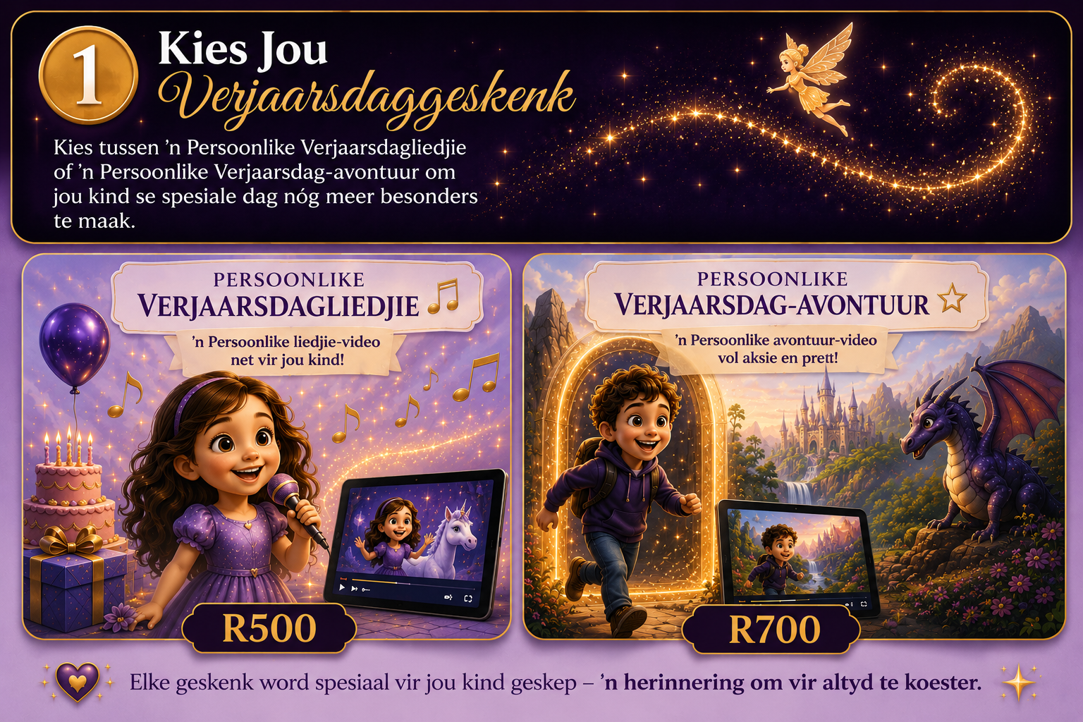 A colorful advertisement for birthday gift options featuring animated children, a fairy, a dragon, and a castle, with prices in Rands and purple and gold design elements.