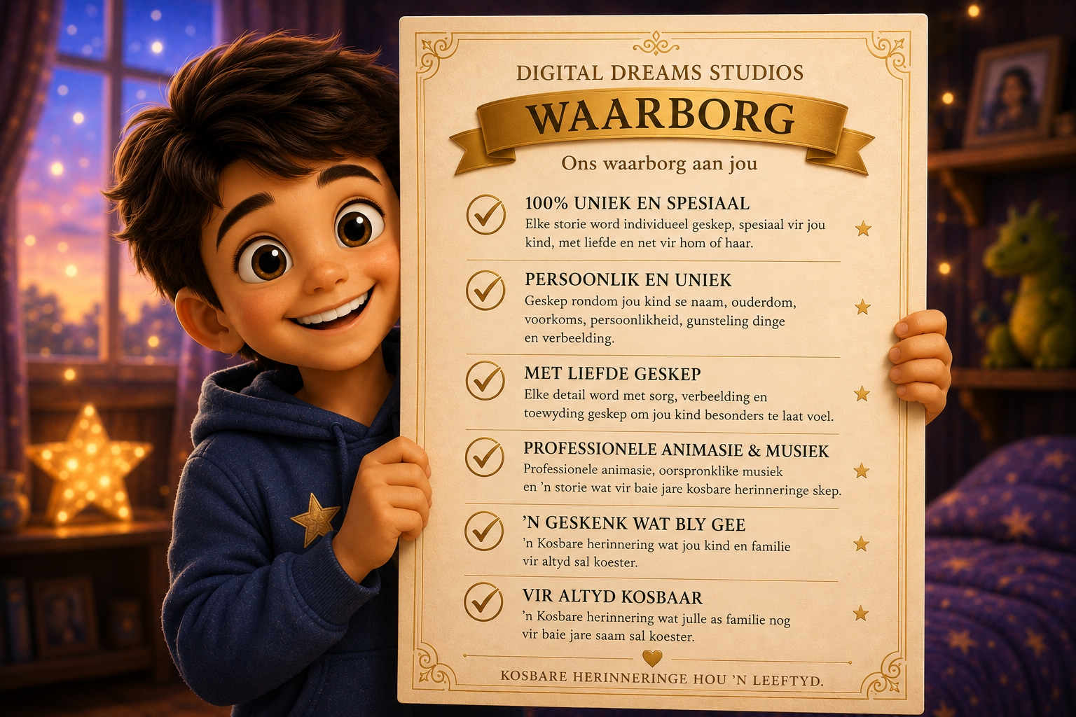 A smiling cartoon child with brown hair in a blue hoodie holding a certificate in a warmly decorated room with star-shaped decorations and framed pictures on the wall.