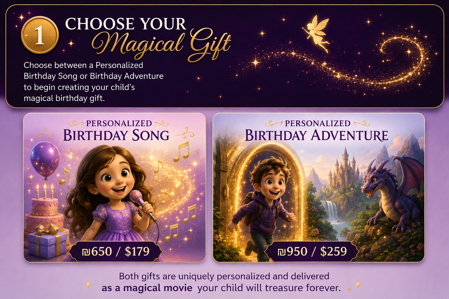 A promotional graphic for magical birthday gifts featuring two options: personalized birthday song with a girl singing at a microphone, priced at 650 currency units or $179, and personalized birthday adventure with a boy running through a magical doorway, priced at 950 currency units or $259. The background has a purple and gold fairy tale theme with a castle, dragon, fairy, and sparkles.