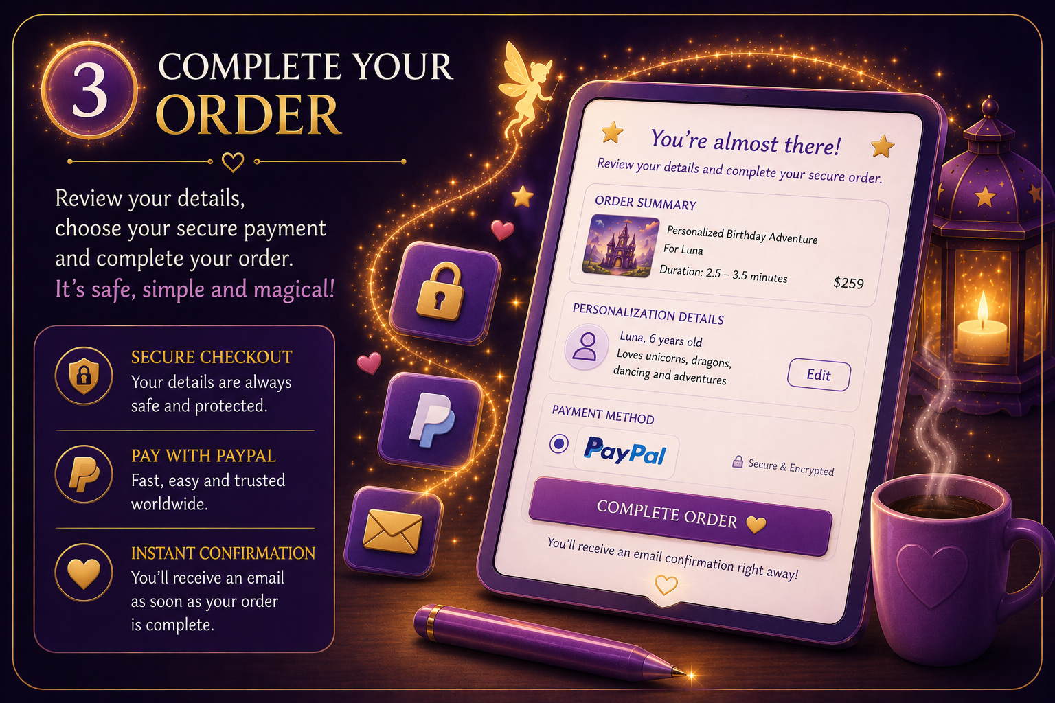 An illustrated online order completion process with a purple and gold theme. It features a tablet displaying order details for a birthday adventure for Luna, who is 6 years old. The interface shows a personalized description, payment via PayPal, and a complete order button. To the left, icons illustrate secure checkout, PayPal, and email confirmation, with a coffee cup, pen, and lantern with a lit candle in the background.