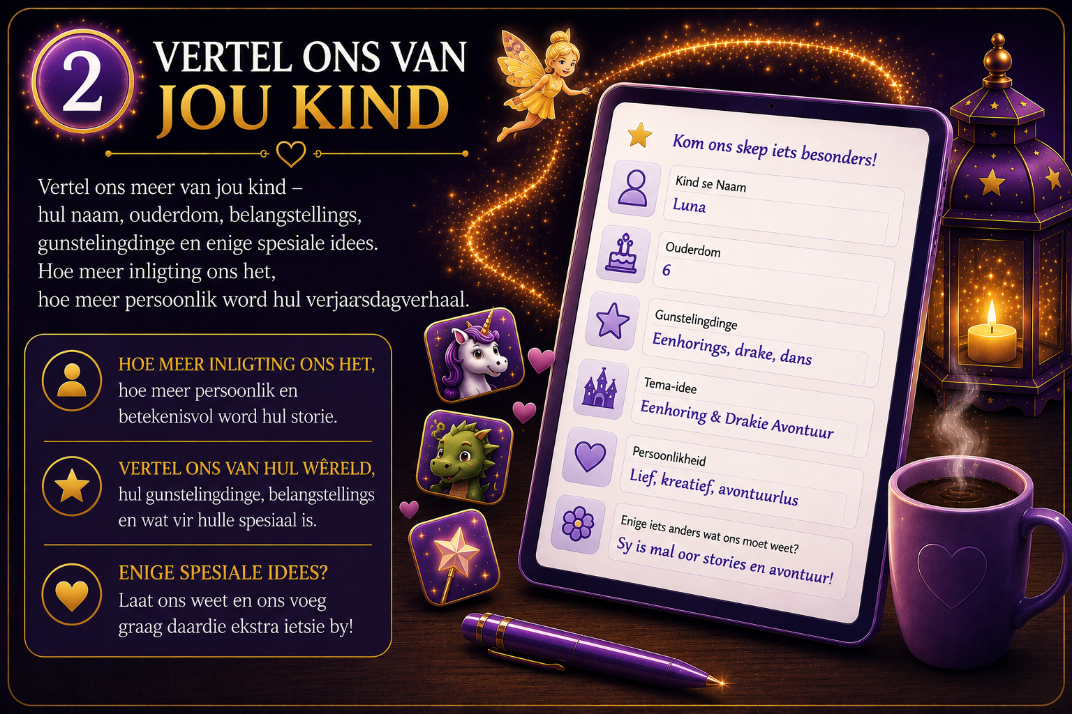 An illustrated poster in purple and gold theme promoting sharing more about your kindness, wishes, and ideas. Features a smartphone with a form to fill in personal details and interests, decorated with fantasy character icons like a unicorn, dragon, and a magic wand. There is a lit lantern, a steaming purple mug with a heart, and a pen on a wooden surface, with a fairy and golden sparkles in the background.