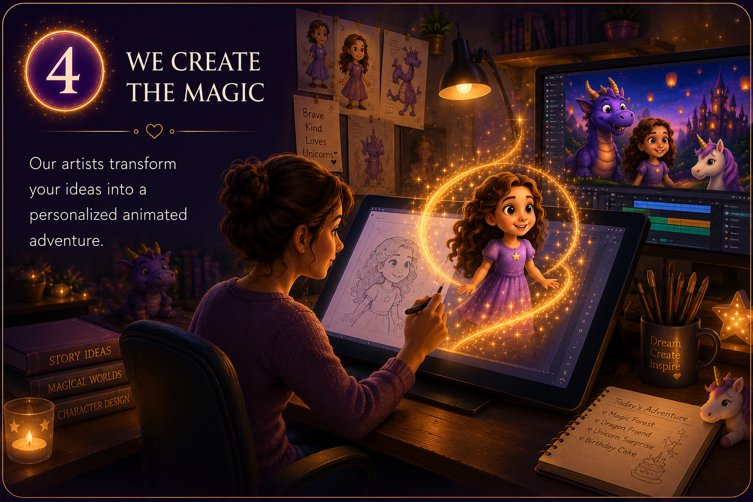 An artist creating a personalized animated fantasy character of a girl with curly hair in a purple dress with a star, surrounded by glowing sparkles. The workspace features art supplies, storybooks, and character sketches, with a computer monitor displaying animated characters, a purple dragon, and unicorns in a magical castle setting.
