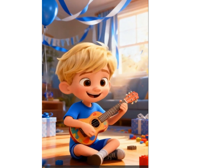 Animated boy with blonde hair sitting on the floor, playing a small guitar, surrounded by presents and colorful blocks in a decorated room with blue balloons and streamers.