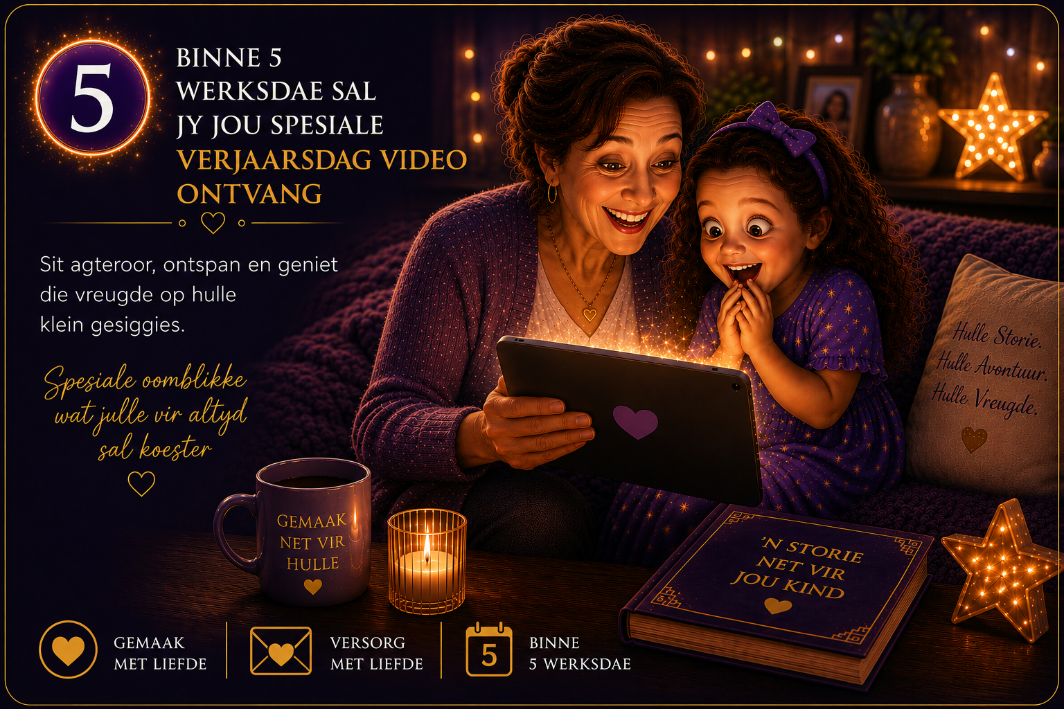 A woman and a young girl sitting on a cozy purple blanket on the floor, looking at a tablet screen with excitement and joy. The scene is warmly lit with fairy lights, candles, and decorative stars, creating a festive atmosphere. There are various greeting cards and a mug with messages, conveying love, care, and celebration in Dutch, indicating a birthday or special occasion.