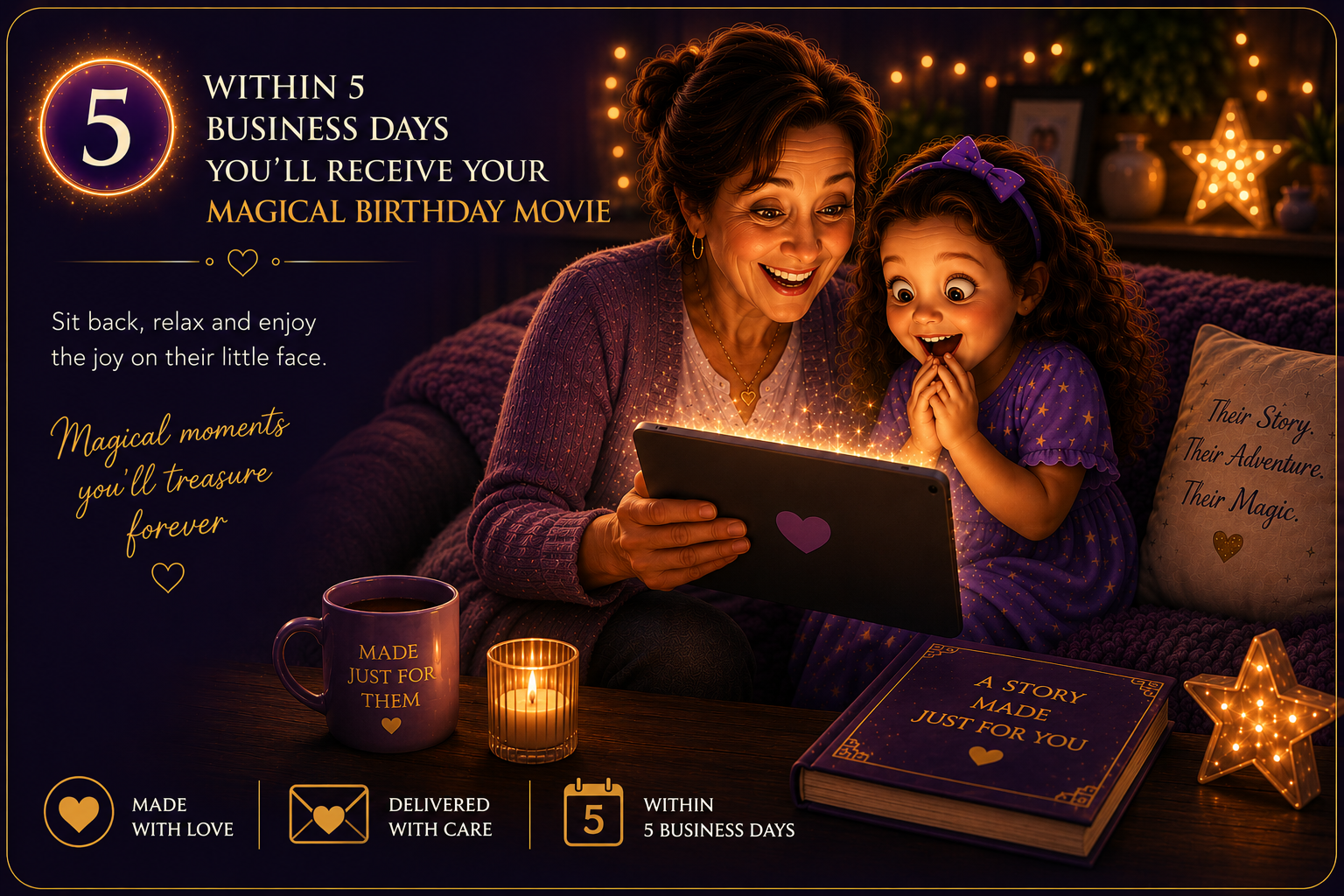 A woman and a young girl sitting on a cozy purple couch, looking at a glowing tablet with expressions of delight. The scene is warmly lit with candles and Star-shaped lights, and there are decorative pillows and a photo frame in the background. The woman is wearing a purple cardigan and the girl has curly hair with a purple headband. On the table, there's a purple mug with a heart and a candle, along with a purple book titled 'A Story Made for You' and a star-shaped light. The image includes promotional text about receiving a magical birthday movie within 5 business days.