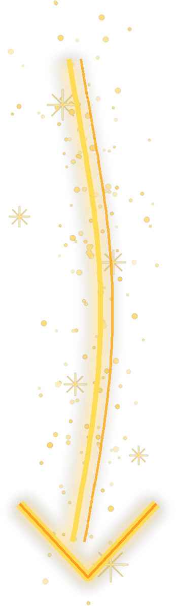 Glowing yellow arrow pointing downward, surrounded by sparkles and small glowing dots on a black background.