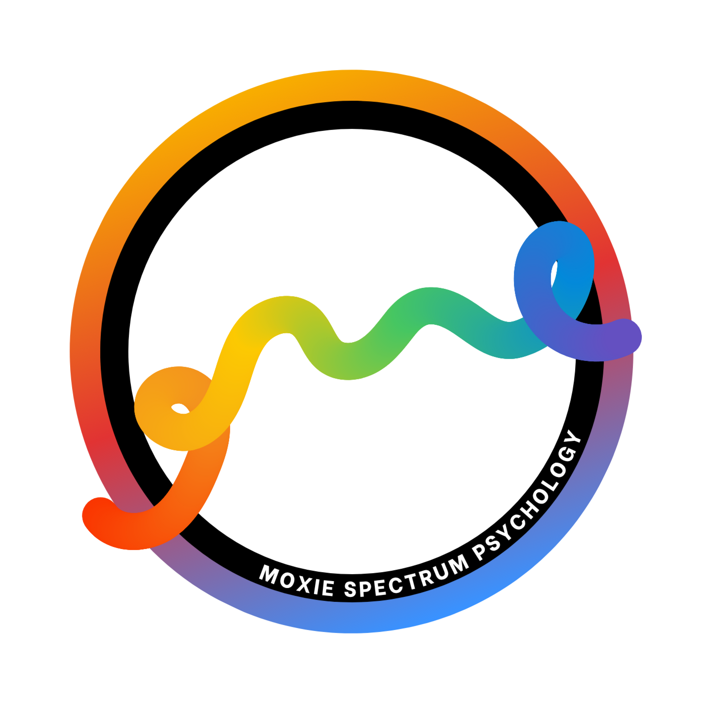 A circular logo with a black background, featuring a stylized rainbow-colored twist and the words "MOXIE SPECTRUM PSYCHOLOGY" around the edge.